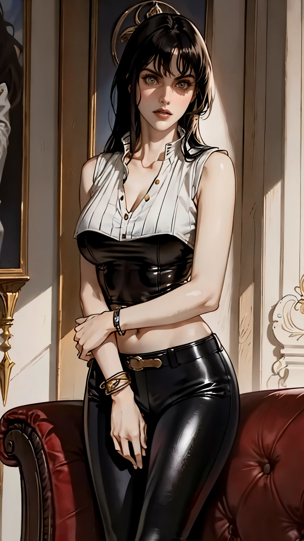 A beautiful woman with long shiny black hair, choppy bangs, a delicate face, a cold proud gaze, a fit figure, a fantasy-style high-necked leather breastplate top, sleeveless, exposes her waist, a bracelet adorns her wrist, tight-fitting leather pants, her right hand holds a Katana with a blue scabbard, she lounges casually sitting on a sofa, this character embodies a finely crafted fantasy-style bounty hunter in anime style, exquisite and mature manga art style, (Alexandra Daddario:1.2), high definition, best quality, highres, ultra-detailed, ultra-fine painting, extremely delicate, professional, anatomically correct, symmetrical face, extremely detailed eyes and face, high quality eyes, creativity, RAW photo, UHD, 32k, Natural light, cinematic lighting, masterpiece-anatomy-perfect, masterpiece:1.5