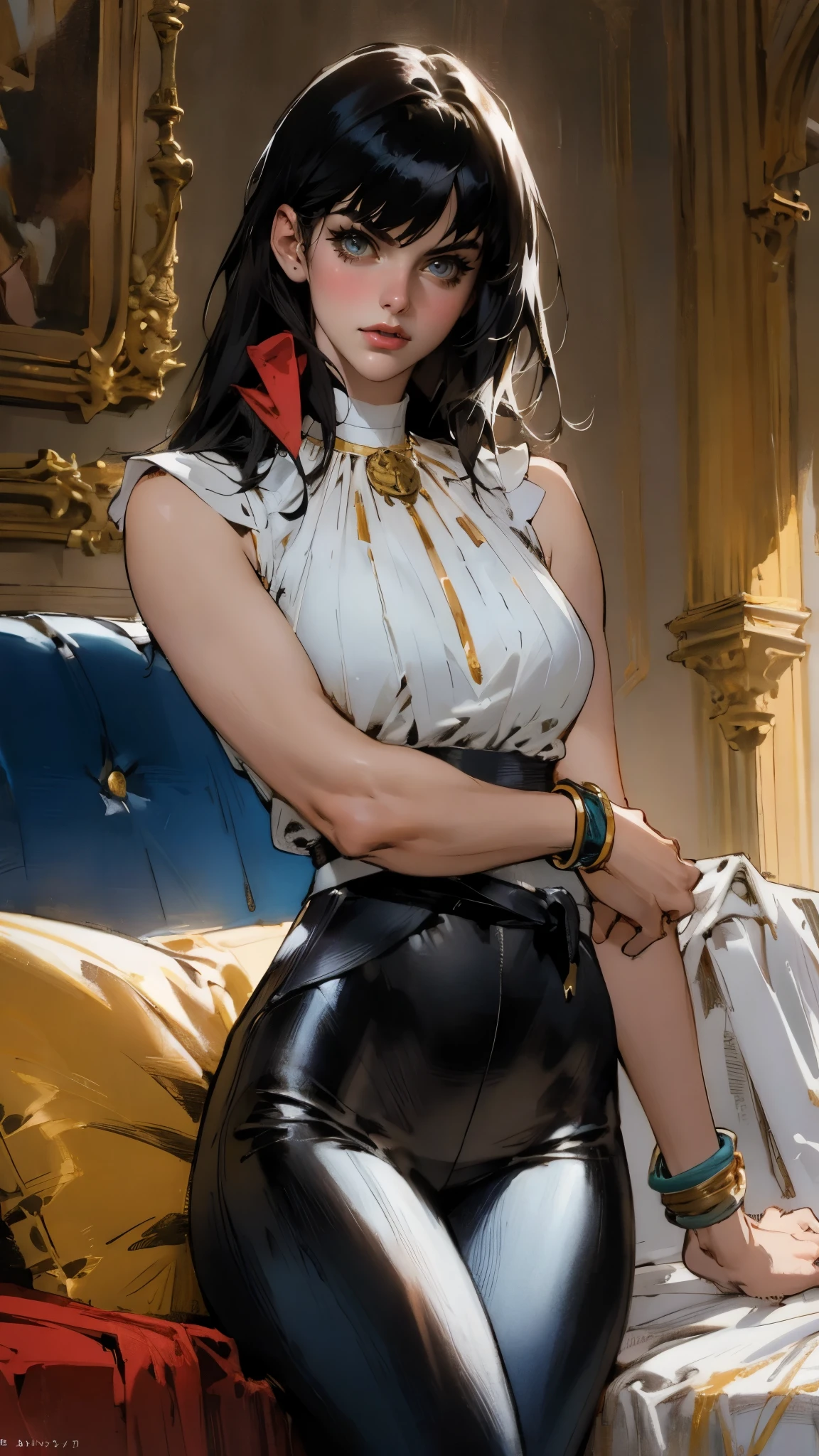 A beautiful woman with long shiny black hair, choppy bangs, a delicate face, a cold proud gaze, a fit figure, a fantasy-style high-necked leather breastplate top, sleeveless, exposes her waist, a bracelet adorns her wrist, tight-fitting leather pants, her right hand holds a Katana with a blue scabbard, she lounges casually sitting on a sofa, this character embodies a finely crafted fantasy-style bounty hunter in anime style, exquisite and mature manga art style, (Alexandra Daddario:1.2), high definition, best quality, highres, ultra-detailed, ultra-fine painting, extremely delicate, professional, anatomically correct, symmetrical face, extremely detailed eyes and face, high quality eyes, creativity, RAW photo, UHD, 32k, Natural light, cinematic lighting, masterpiece-anatomy-perfect, masterpiece:1.5