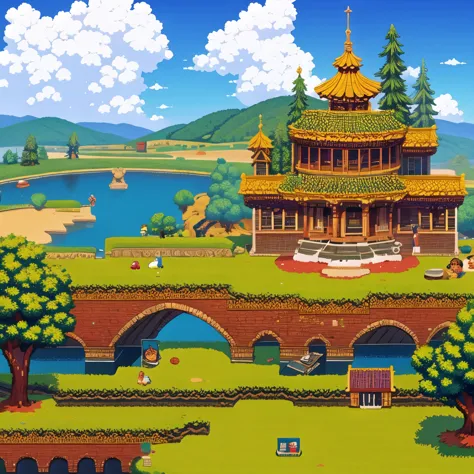 (masterpiece, best quality:1.2), architecture, pixel art,river,sky,cloud