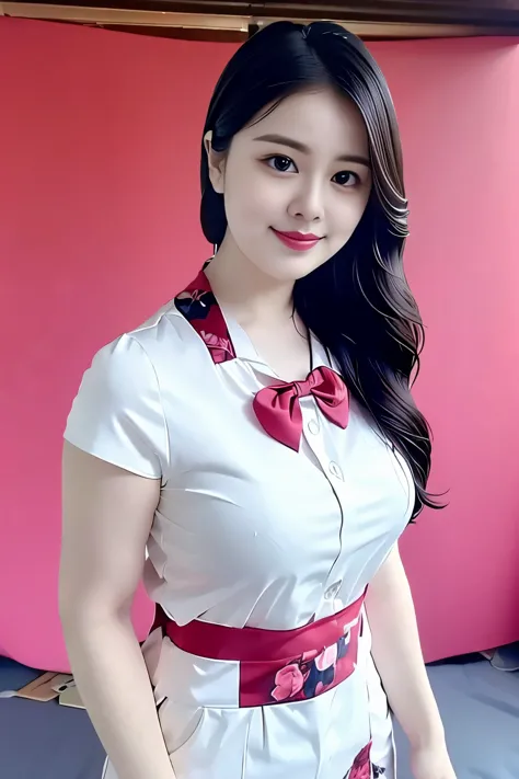 (top quality、8k、masterpiece:1.3))、30-year-old Korean woman，sharp focus, High level of image quality, high resolution，facial focus，Portrait ID photo，Upper body photo。Draw lips correctly, red lipstick，Wear a red shirt，White floral bow tie。wavy long hair，hair...