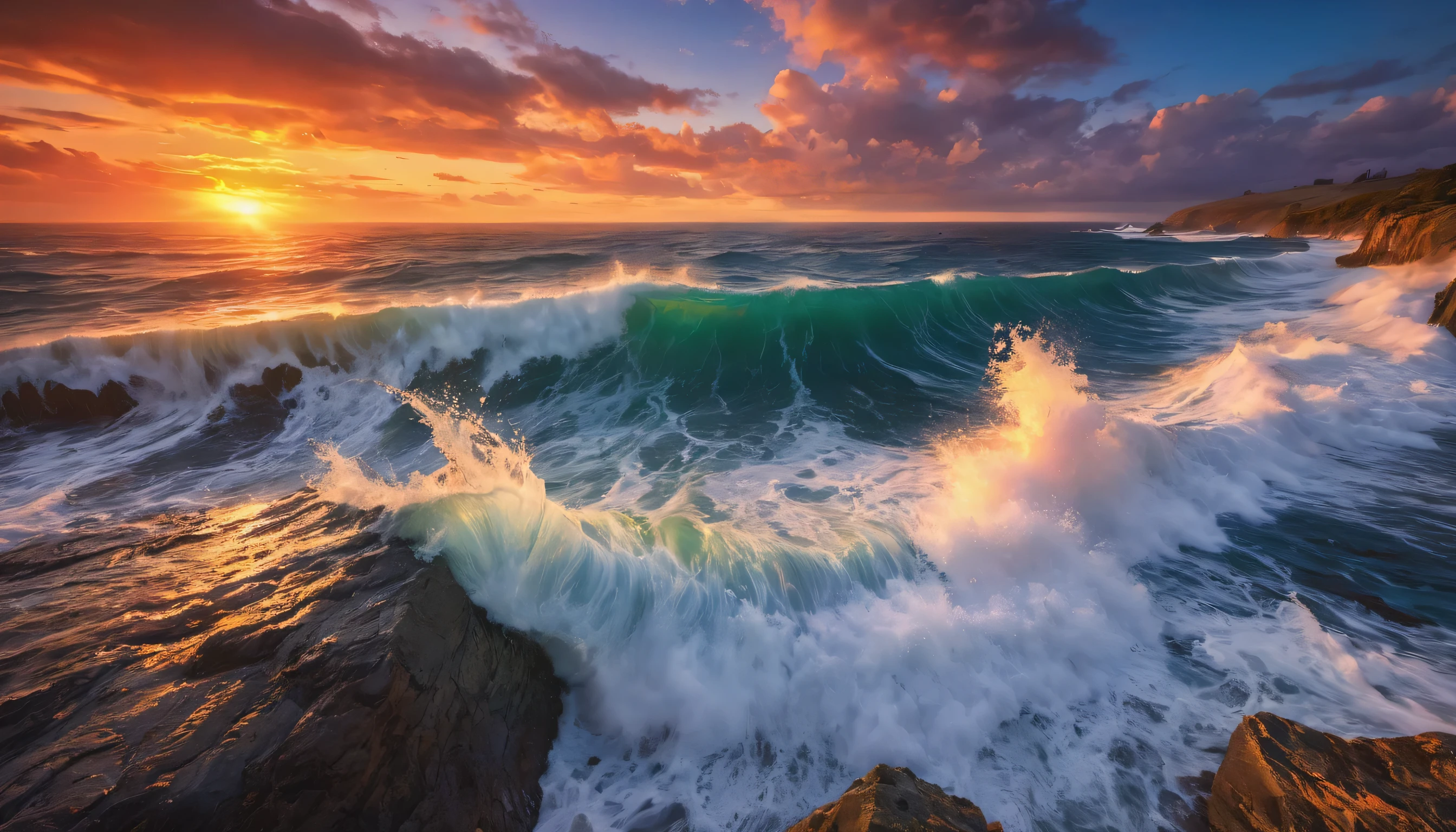 arafed view of a sunset over the ocean with waves crashing, chaotic sea setting, vibrant sunrise, breathtaking colors, breathtaking look, vibrant sunset, breathtaking composition, beautiful sea landscapes, stunning sunset, magnificent background, sunset glow, beautiful background, beautiful dreamy breathtaking, marc adamus, warm beautiful scene, epic sunset, beautiful sunset, beautiful sunset glow, beautiful ocean