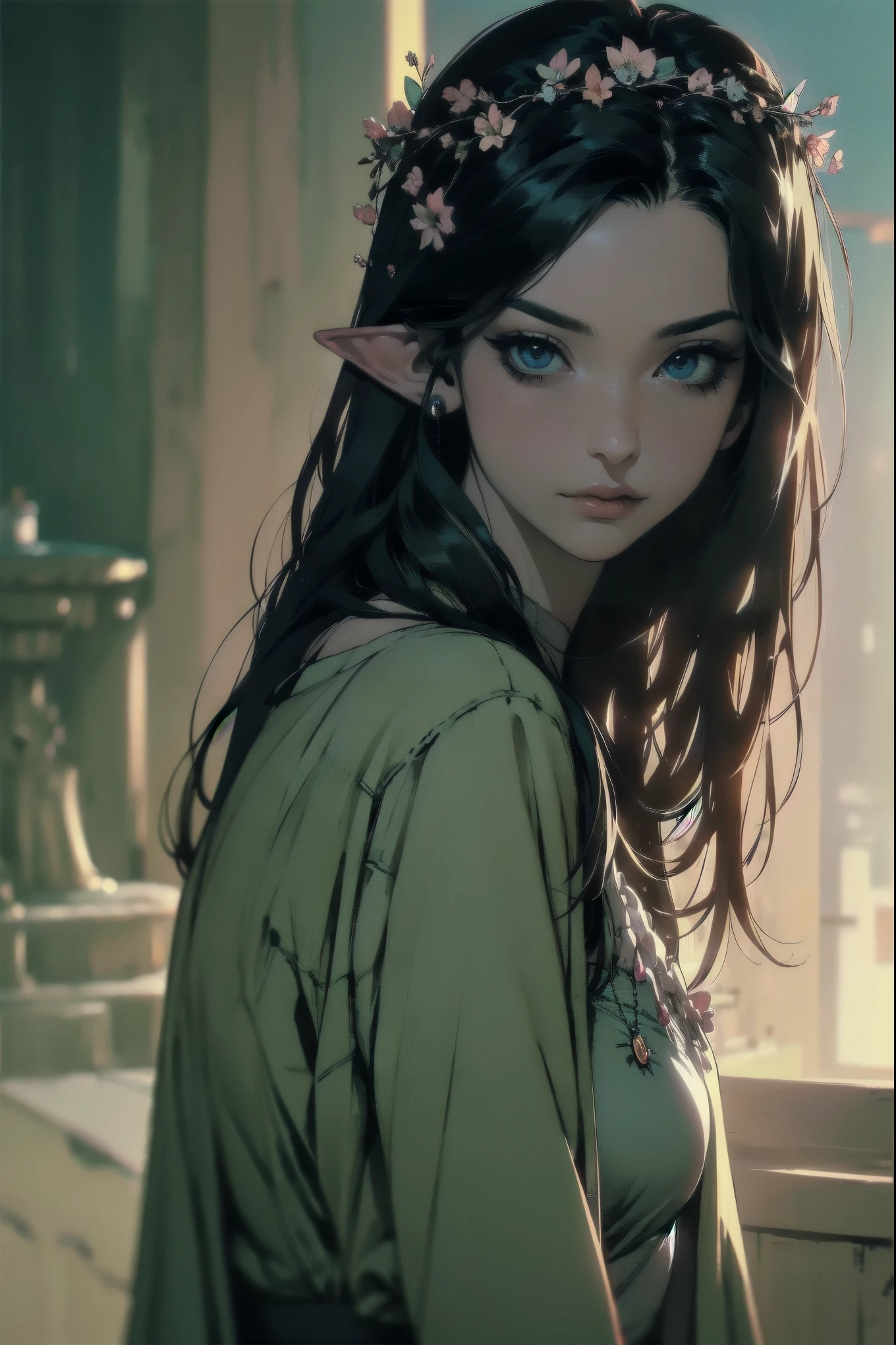 { - anatomy error}(Masterpiece - Ultra-detailed, very high resolution)moonlight, hyper-realistic of a mysterious woman with flowing black hair, ears of elf, piercing opal eyes, and a delicate floral crown, delicate smile, upper body, backwards, looking back, small neck, with chin on shoulder , elf girl 