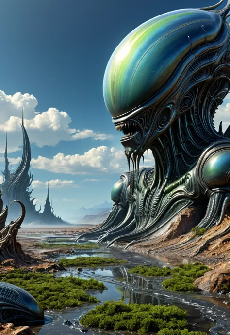 Alien Landscape, by Arik Brauer, (masterpiece, best quality, perfect composition, very aesthetic, absurdres, ultra-detailed, int...