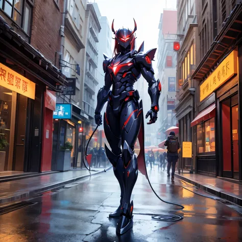 (Demon Mecha, 3D rendering), Background city street center, Clear HD, 8K resolution, Very detailed, number, concept art, Xin Hai...