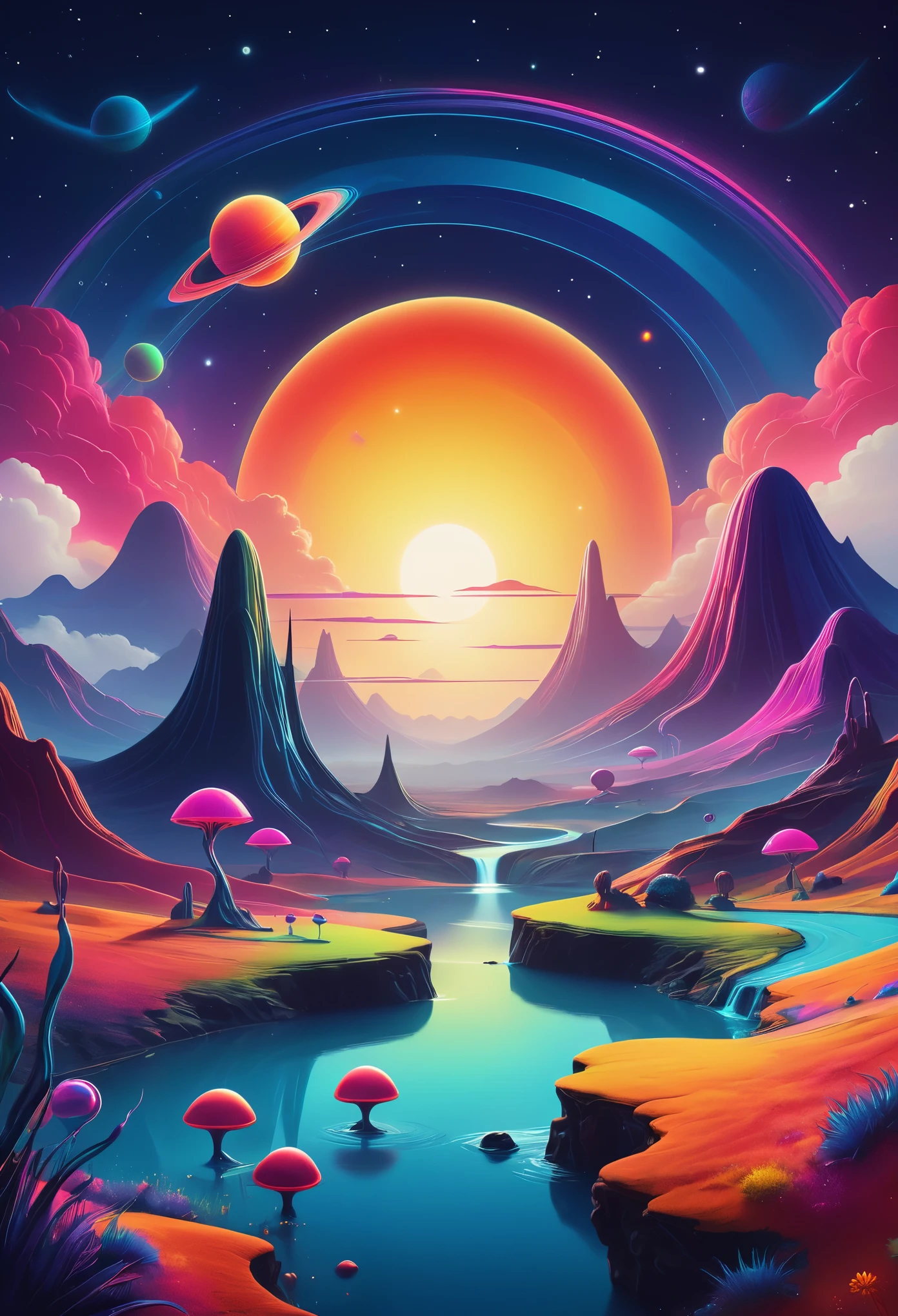 An alien landscape bursting with vibrant colors and whimsical features would captivate the imagination in a POP Illustration. The scene would depict a cute alien creature, with round, expressive eyes, playfully exploring the pleasantly strange terrain. The landscape would be adorned with thick lines, adding depth and dimension to the rich colors, which pop against the backdrop of the cosmically inspired setting. The overall effect would be a contemporary art masterpiece, filled with joy and wonder, inviting the viewer to explore the infinite possibilities of this fascinating world. (lg), (masterpiece), contemporary art, colorful illustration, thick lines, rich colors, alien landscape, pop art, cute alien,