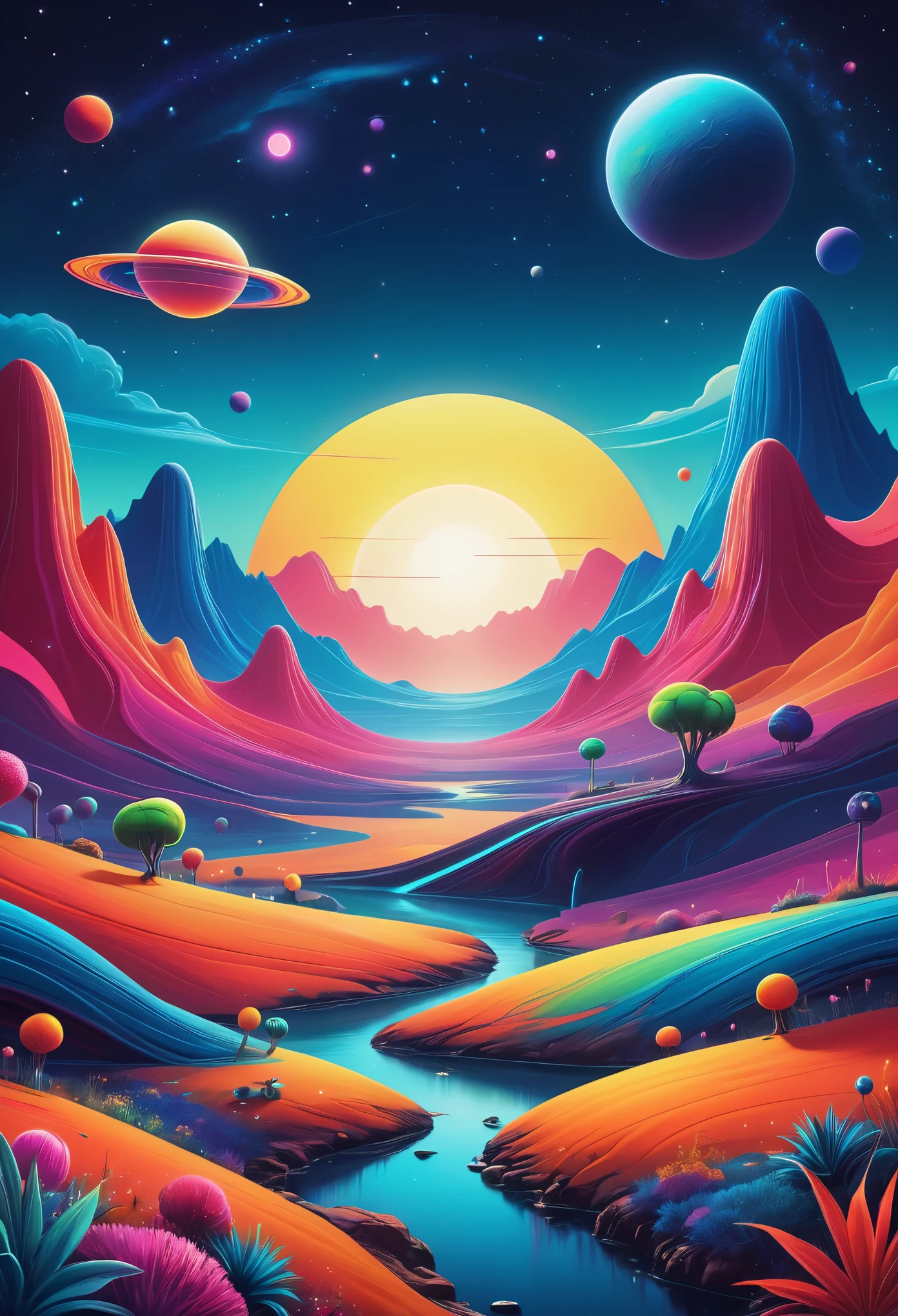 An 外星景观 bursting with vibrant colors and whimsical features would captivate the imagination in a POP Illustration. The scene would depict a 可爱的外星人 creature, 带圆形, 富有表现力的眼睛, 愉快地探索陌生的地形. The landscape would be adorned with 粗线, adding depth and dimension to the 丰富的色彩, 在宇宙启发的背景下. The overall effect would be a 当代艺术 杰作, 充满喜悦和惊奇, 邀请观众探索这个迷人世界的无限可能性. (LG), (杰作), 当代艺术, 彩色插图, 粗线, 丰富的色彩, 外星景观, 流行艺术, 可爱的外星人,