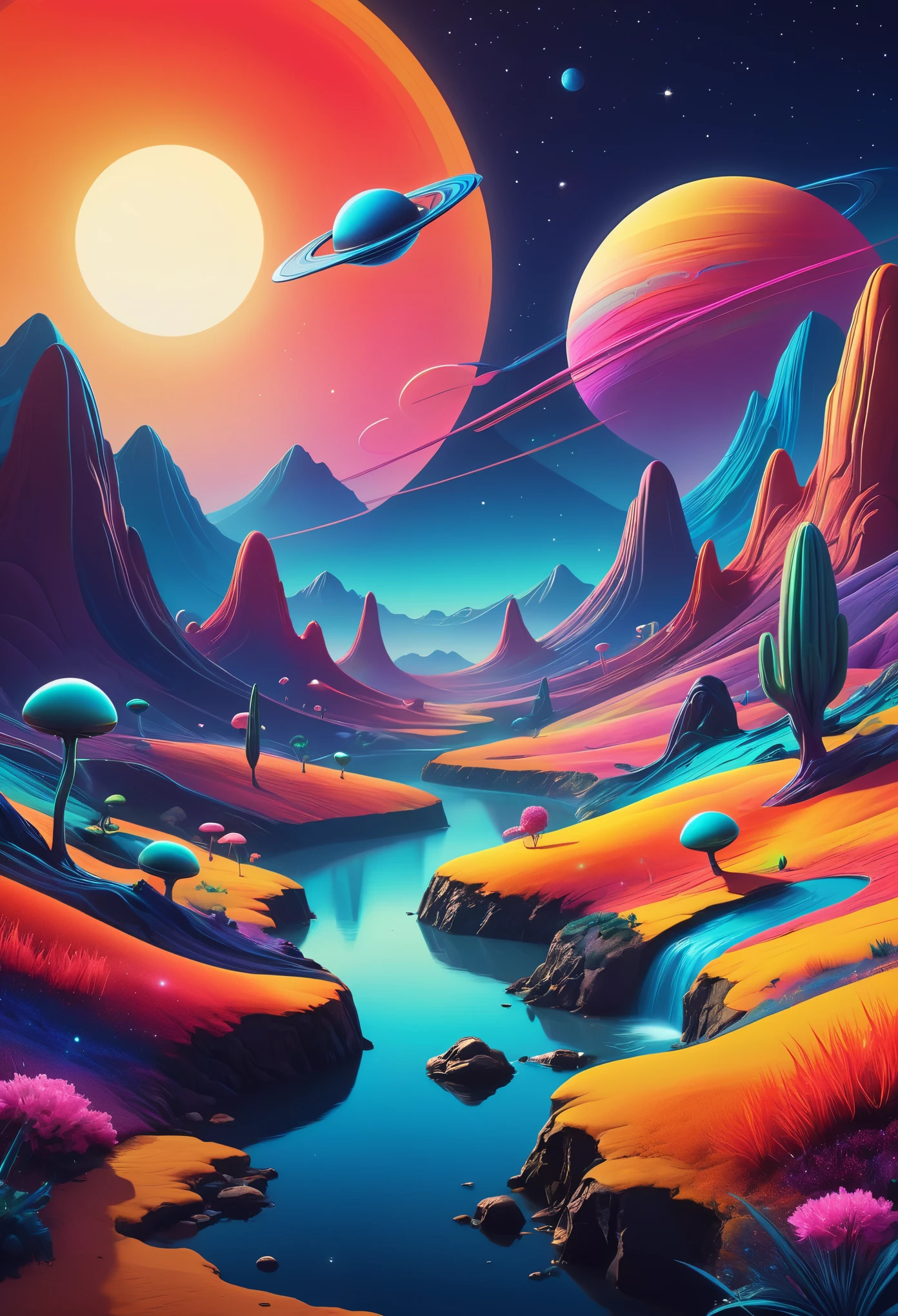 An alien landscape bursting with vibrant colors and whimsical features would captivate the imagination in a POP Illustration. The scene would depict a cute alien creature, with round, expressive eyes, playfully exploring the pleasantly strange terrain. The landscape would be adorned with thick lines, adding depth and dimension to the rich colors, which pop against the backdrop of the cosmically inspired setting. The overall effect would be a contemporary art masterpiece, filled with joy and wonder, inviting the viewer to explore the infinite possibilities of this fascinating world. (lg), (masterpiece), contemporary art, colorful illustration, thick lines, rich colors, alien landscape, pop art, cute alien,