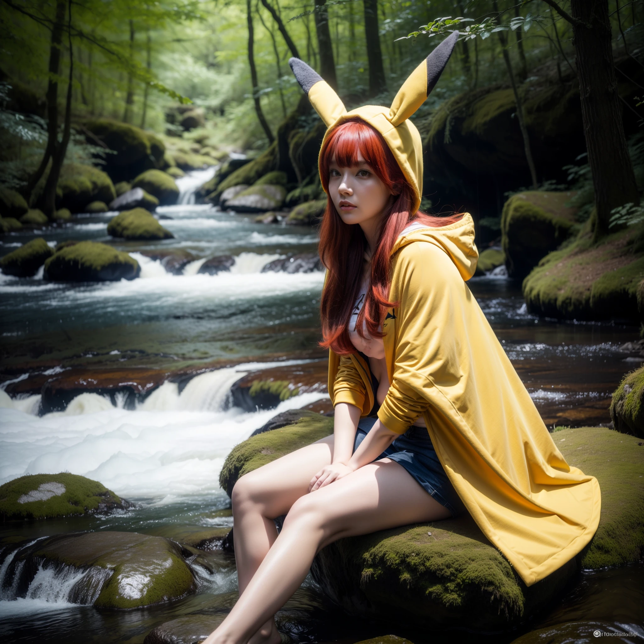 8k, best quality, (photorealistic:1.4), raw photo, 1girl, red hair, animal ears, yellow pikachu hooded cape, ears sticking out, pose: sitting on a rock in a forest river, yellow eyes,