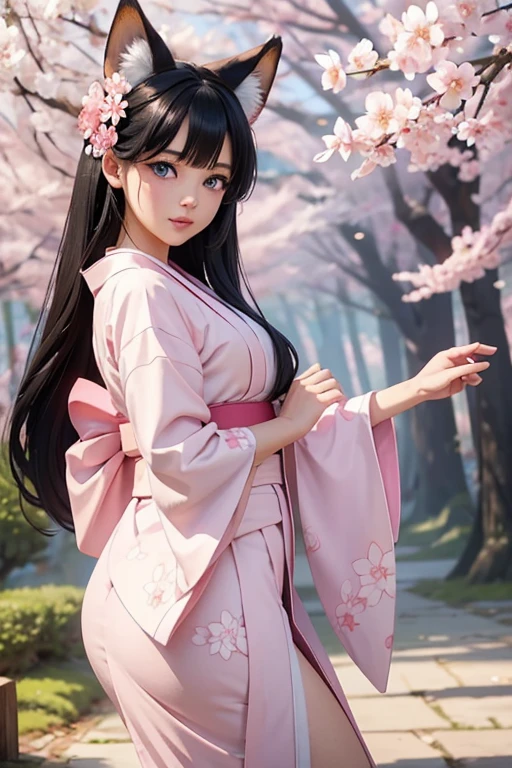 Cute fox girl with black hair and beautiful blue eyes, in the beautiful sexy long pink and white kimono, dancing with fun in the  sakura forest, 4k, cute anime girl, realistic body features, beautiful girl, girl with fox ears, beautiful fantasy illustration. beautiful art, realistic art, beautiful face