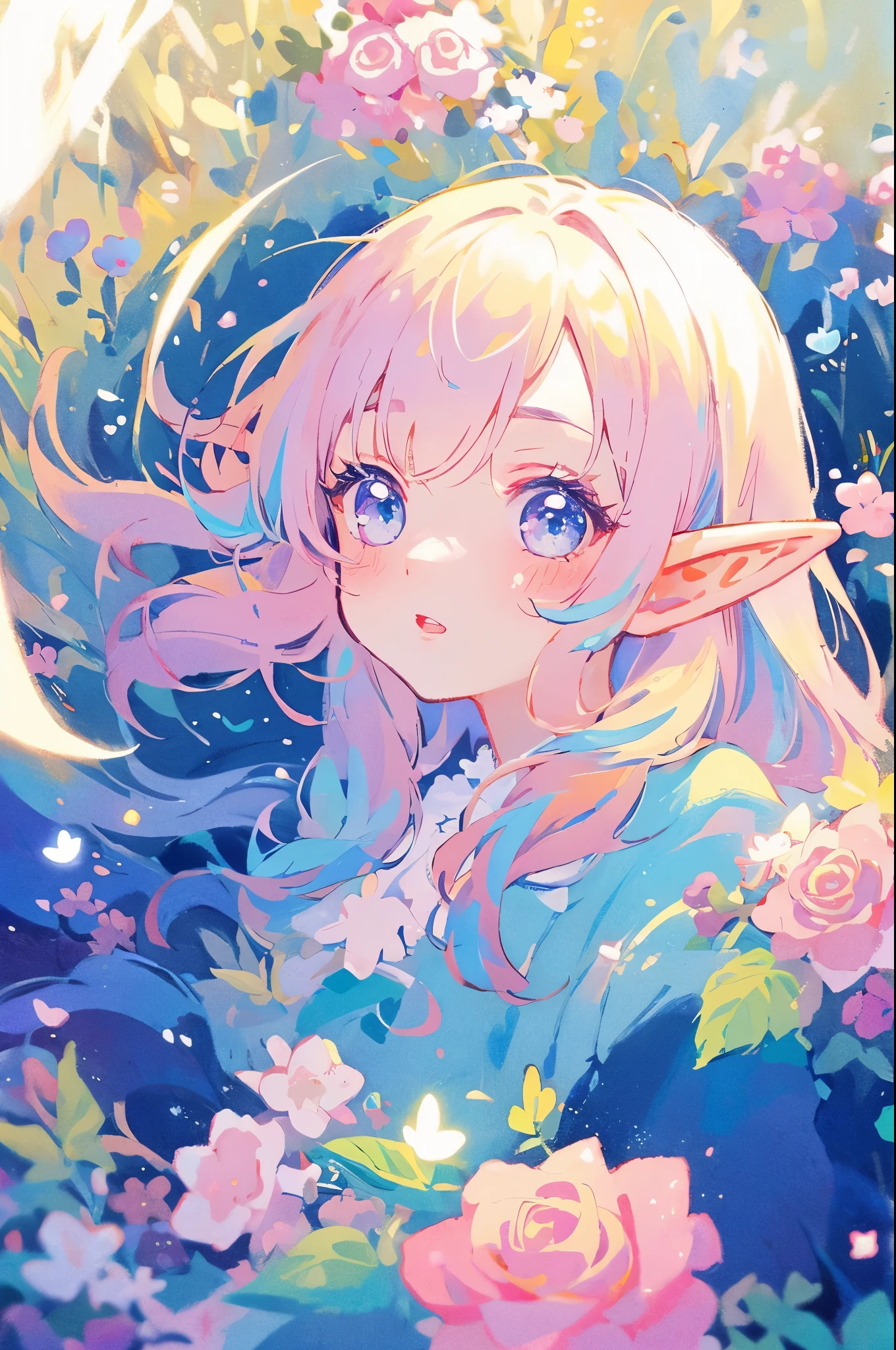 elf girl, bright colorful hair, magical, whimsical, fantasy, otherworldly, extremely detailed face, masterpiece, perfect illumination, (pastel colors)