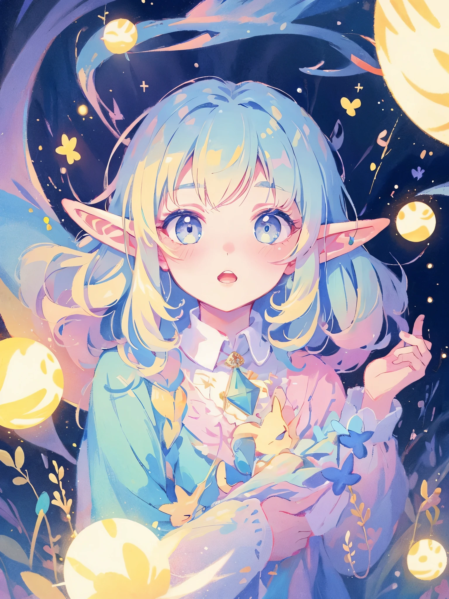 elf girl, bright colorful hair, magical, whimsical, fantasy, otherworldly, extremely detailed face, masterpiece, perfect illumination, (pastel colors)