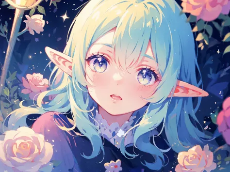 elf girl, bright colorful hair, magical, whimsical, fantasy, otherworldly, extremely detailed face, masterpiece, perfect illumin...