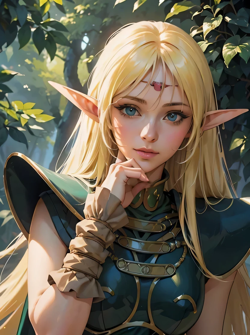 ((masterpiece、highest quality、Super detailed、High resolution、realistic、sharp focus))、cowboy shot、high contrast、 ((very delicate and beautiful))、female elf、Deedlit、long blonde hair、round face、green and white clothes、in the forest、fantasy characters、Detailed hand depiction、Deedlit、ANI_CLASSIC_deedlit_ownwaifu、www.ownwaifu.com