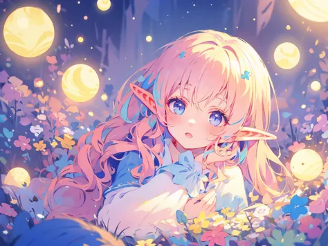 elf girl, bright colorful hair, magical, whimsical, fantasy, otherworldly, extremely detailed face, masterpiece, perfect illumin...