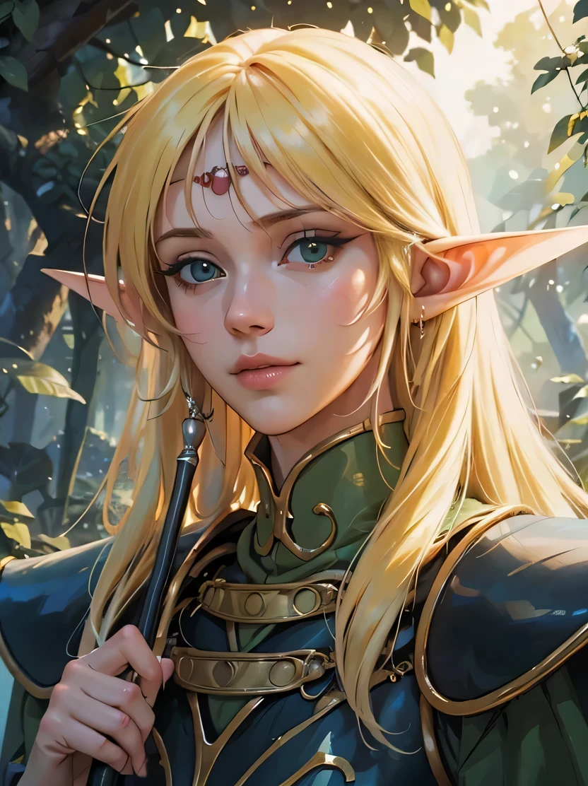 ((masterpiece、highest quality、Super detailed、High resolution、realistic、sharp focus))、cowboy shot、face light、((very delicate and beautiful))、female elf、Deedlit、long blonde hair、round face、green and white clothes、in the forest、fantasy characters、view audience、Detailed hand depiction、Deedlit、ANI_CLASSIC_deedlit_ownwaifu、www.ownwaifu.com