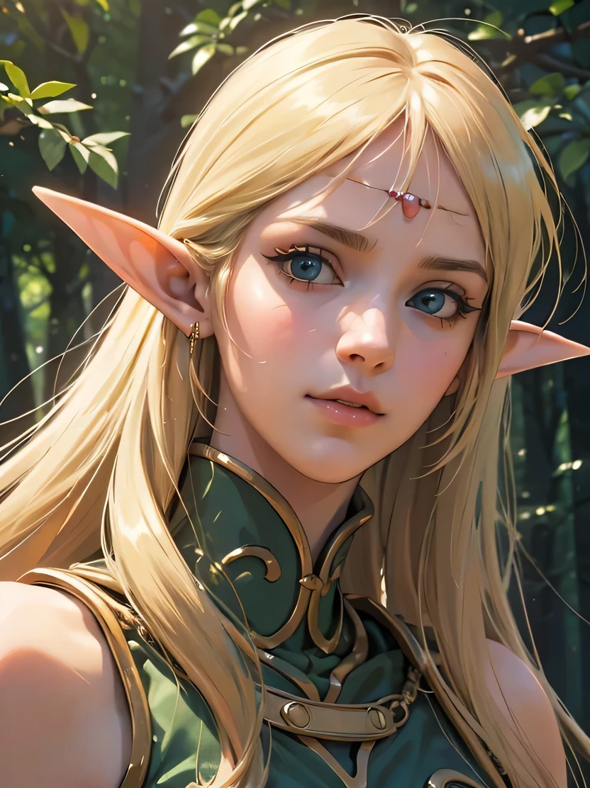 ((masterpiece、highest quality、Super detailed、High resolution、realistic、sharp focus))、three-fifths shot、face light、((very delicate and beautiful))、female elf、Deedlit、long blonde hair、round face、slender body shape、in the forest、Holding a thin sword、fantasy characters、view audience、Detailed hand depiction、Deedlit、ANI_CLASSIC_deedlit_ownwaifu、www.ownwaifu.com