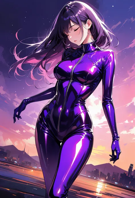 allalyn in a shiny purple suit standing on the floor, latex shiny, wearing kudo tsuko latex suit, wearing a tight suit, smooth的紫...