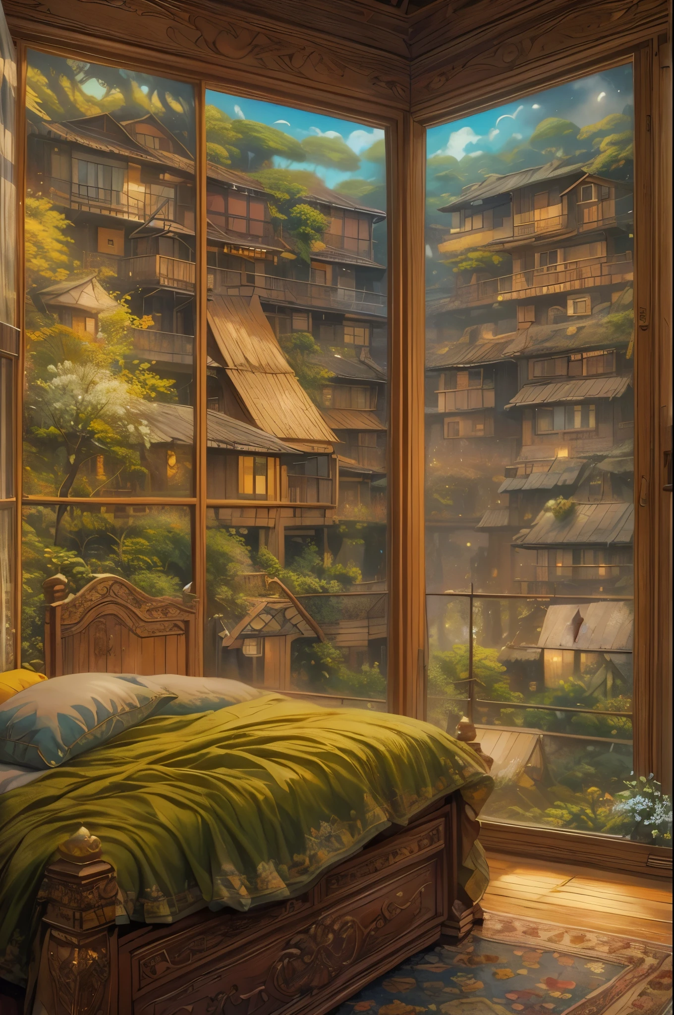 Gemälde eines Schlafzimmers mit einem Bett und einem Fenster mit Blick auf den Wald, thomas kinkade. Waldzimmer, thomas kinkade. niedliches gemütliches Zimmer, inspired von Evgeny Lushpin, verträumt und detailliert, entspannende Konzeptkunst, Schlafzimmer im Studio Ghibli, detaillierte Traumlandschaft, Gemälde einer Traumlandschaft, verträumte Atmosphäre, von Evgeny Lushpin, Traumlandschaftskunst