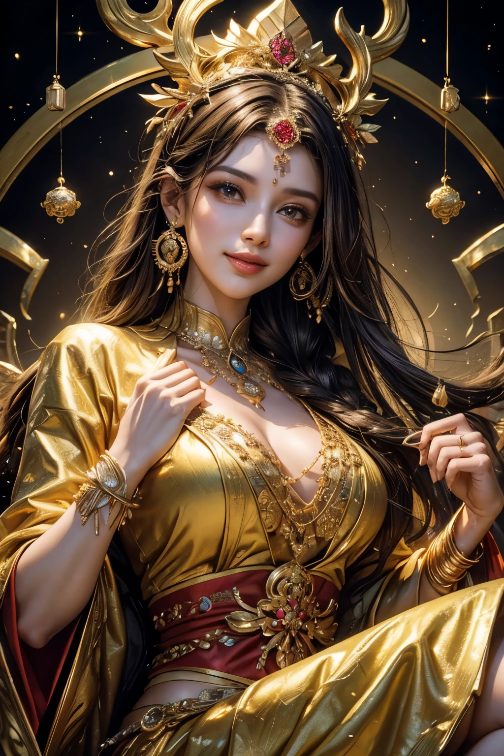 (highest quality,4k,8K,High resolution,masterpiece:1.2),Super detailed,HDR,UHD,studio lighting,Physically based rendering,Bright colors,Bokeh,rich landscape,god of wealth,rich gold coins,Shining treasure chest,a benevolent smile,A dream come true,magical country,festive atmosphere,lucky red envelope,infinite wealth,overflowing richness,thriving business,fulfilled desire,positive energy,fun celebration,blooming flowers,prosperity and good fortune,harmony and prosperity,luxury lifestyle,sparkling jewels,luxurious prosperity,wealth pouring down,Banking and investment growth,the power and blessings of the universe