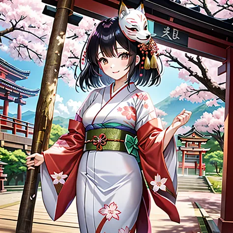 in the precincts of a shrine celebrating the arrival of spring, inari-sama stands in the center, dressed in a red and white kimo...