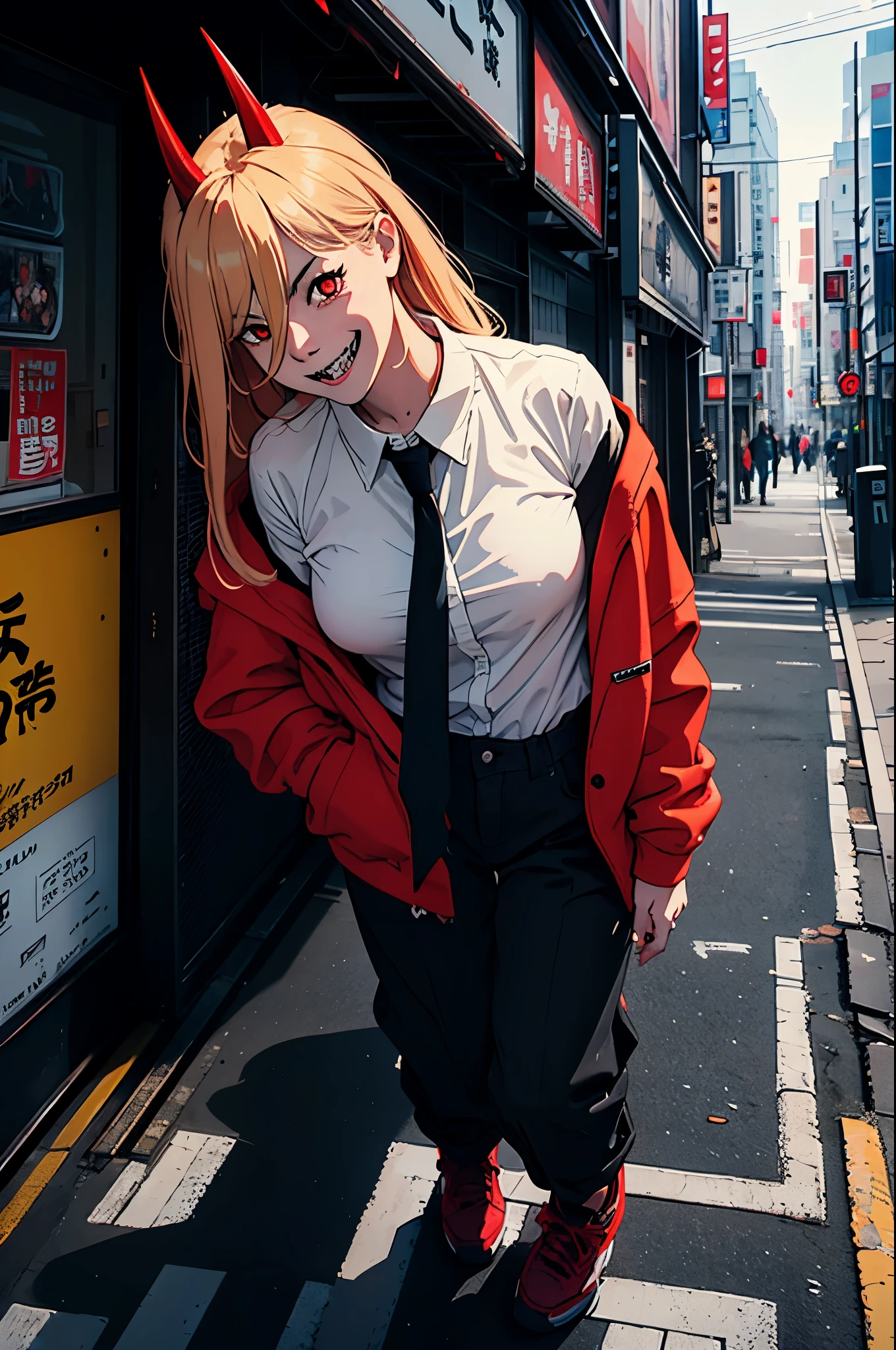 power from chainsawman, yellow vivid demon eyes, with her iconic two red horns on top her head, fangs, sharp teeth, wearing loose white long sleeve, black tie, black dark business pants, outdoor, busy day, tokyo, street, busy day, sunny, light rays, walking, cute, smiling