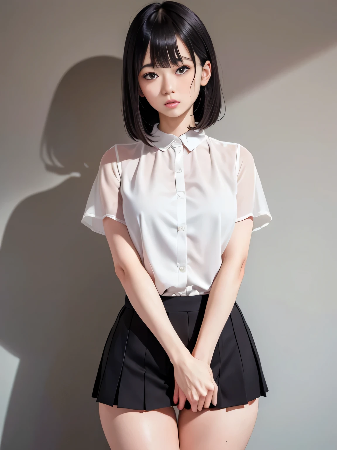 masterpiece,highest quality,very detailed,A beautiful Japanese woman, small face,thin face,(black hair,straight bob:1.1, bangs bangs),black eyes,((very muscular thighs)),(((very thick thighs))),(((Thighs with prominent blood vessels and veins))),Thighs with visible muscle lines,((Thighs with noticeable muscle undulations)),shiny thighs,((Thigh gap)),((Lean upper body)),((upper body without muscles)),(((thin waist))),((thin ribs)),((narrow ribs)),((big ass)),((oily skin)),(anatomically correct), All limbs, full finger,I was scared,panic,constricted pupils,screaming,raised eyebrows,I opened my eyes,Are crying,tears,(((blush))),(((painful expression))),(((open your mouth wide))),(((cry))),(((shout))),(((anger))),(((be scared))),
and,(((white blouse))), (((mini skirt))), (((Wear your clothes properly))),(((wearing clothes))),((white, thin, see-through panties)),Extensive pubic hair,Very hairy,((Open Cameltoe)),detailed and perfect face, detailed and perfect hands, ,
BREAKFull body angle,leaning forward,have to pee,cover the crotch,(((hand between legs))),put your knees together and separate your feet,classroom,Front view