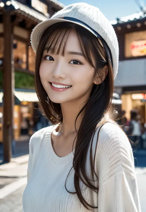 (((Shopping Centre:1.3, outdoor, Photographed from the front))), ((long hair:1.3, hat,white knit,Smile,japanese woman,cute)), (c...