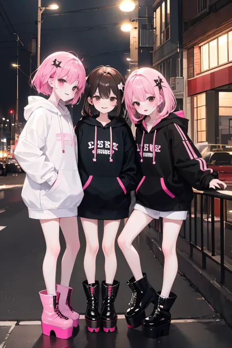 Women's Threesome、cute、With a smile、peace、night scene black and white hoodie、Red and black hoodie、white hoodie、platform boots、platform boots、
brown hair、black hair、pink hair、3✕3の目、black eye、sickness、