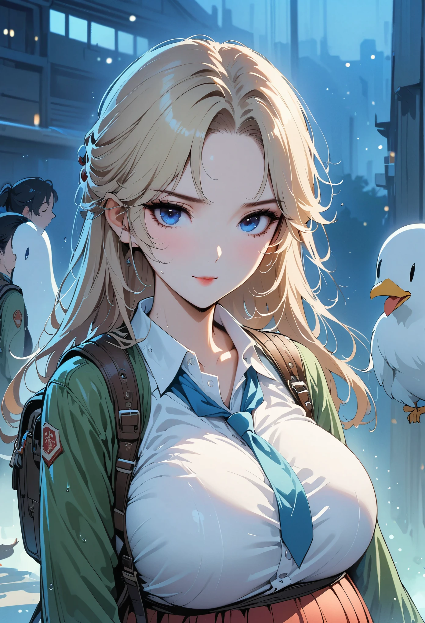 Qiuyue Airi. Ghost chicken, masterpiece, best quality, super detailed, illustration, flat color, depth of field, , , 1 girl, young, Japanese cartoons, go home, full length, Blonde, Double tail, looking at the audience, Red pleated mini skirt, Wet white button shirt, Uniforms, Sefuku, blue tie, Not wearing, black leggings, Small backpack, Delicate leather texture, Detailed fabric texture, Beautiful and delicate face, big breasts, blue eyes, pregnant, tired, faint smile, pink