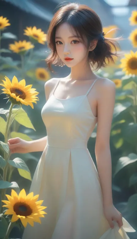 a close up of a woman holding a bouquet of flowers, beautiful sunflower anime girl, hot with shining sun, realistic cute girl pa...