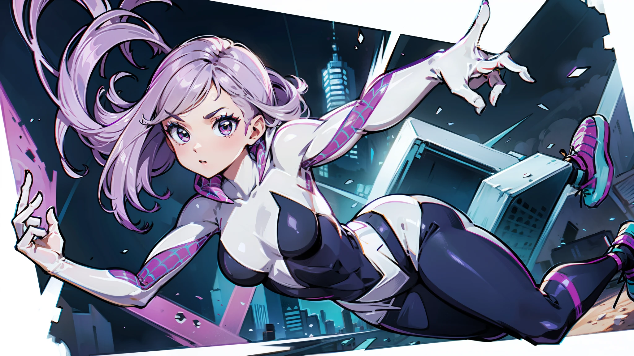 Spider Gwen dans son costume complet avec des lignes dessinées à la main, fond fortnite, jeu fortnite, cheveux blonds