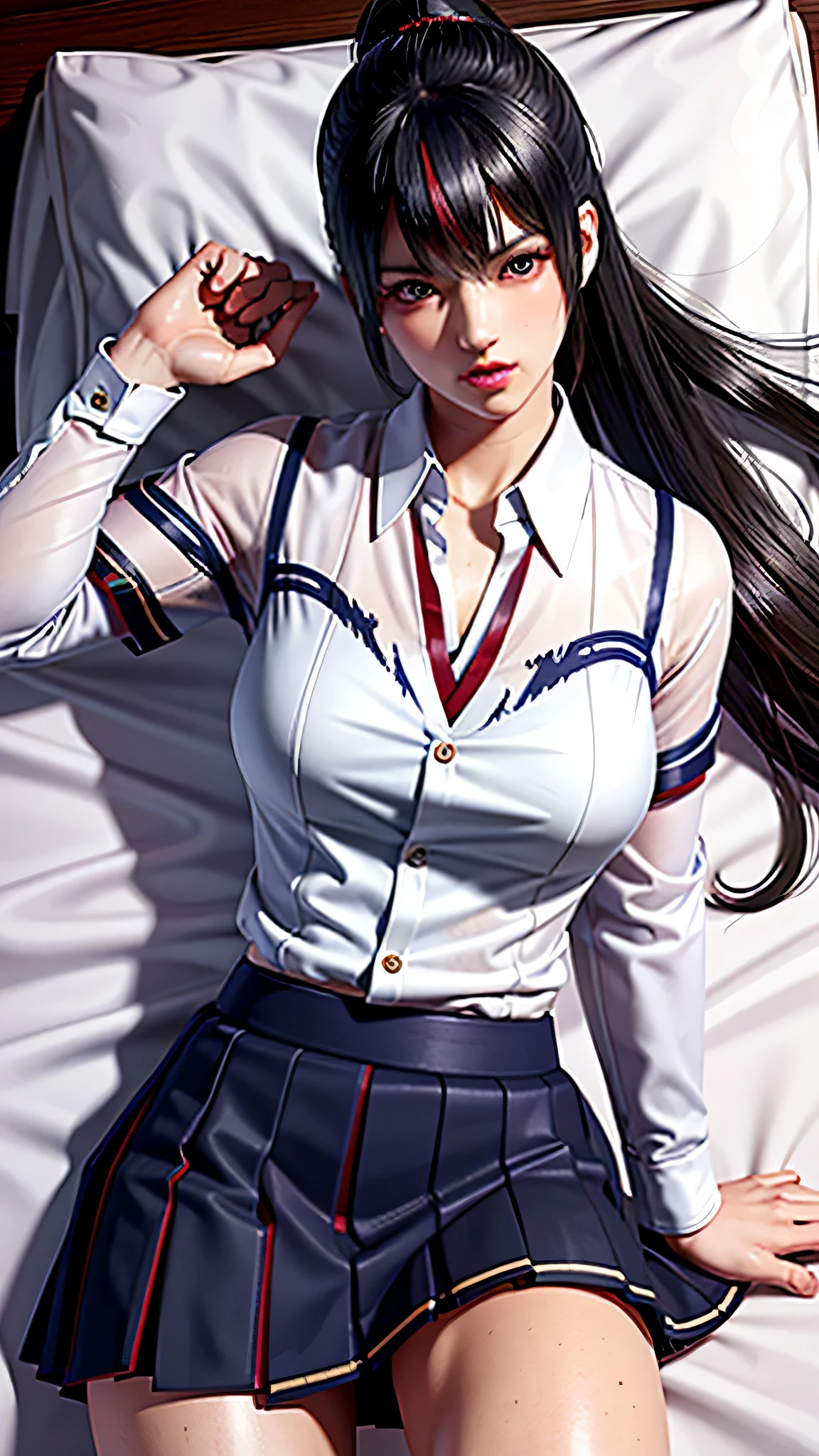 masterpiece, highest quality,kunimitsu,(tall:1.5),ponytail,black hair,scared look,open legs,(lied on bed:1.5),(torn school uniform:1.5),(torn navy skirt:1.5),(torn white button shirt:1.5),(big breasts:1.3),(Realistic High School Student:1.5),looking at viewer,(solo:1.5),(muscular female:1.2),bedroom