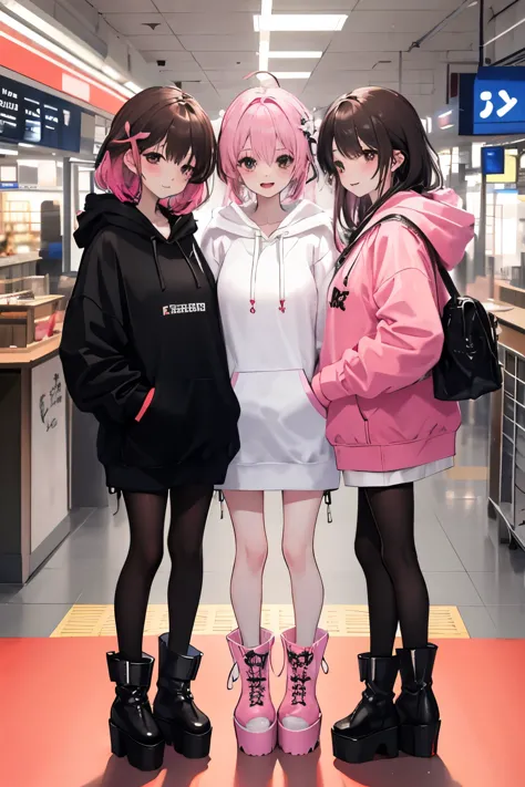 Women's Threesome、cute、With a smile、peace、station platform、
black and white hoodie、Red and black hoodie、white hoodie、platform boots、platform boots、
brown hair、black hair、pink hair、3✕3の目、black eye、