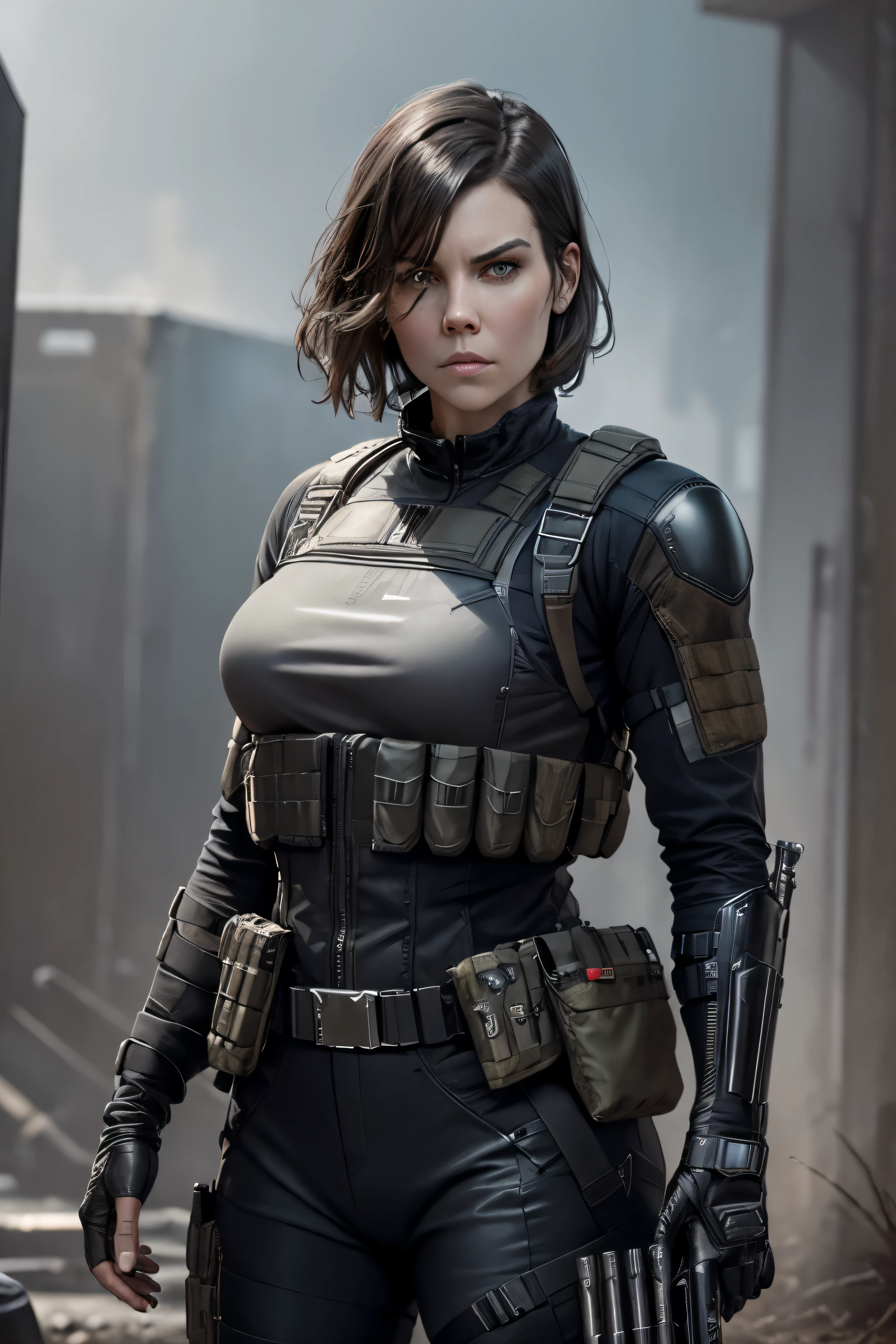 Réaliste, science-fiction, fantaisie, Lauren Cohan comme Punisher, Tenue de punisseur, gilet pare-balles femme, logo gris et usé du Punisher sur un gilet pare-balles, photo sombre, tenue sombre, dangereux et sexy, paysage et arrière-plan sombres, fond immersif,  photo brute, 8k, très détaillé,
