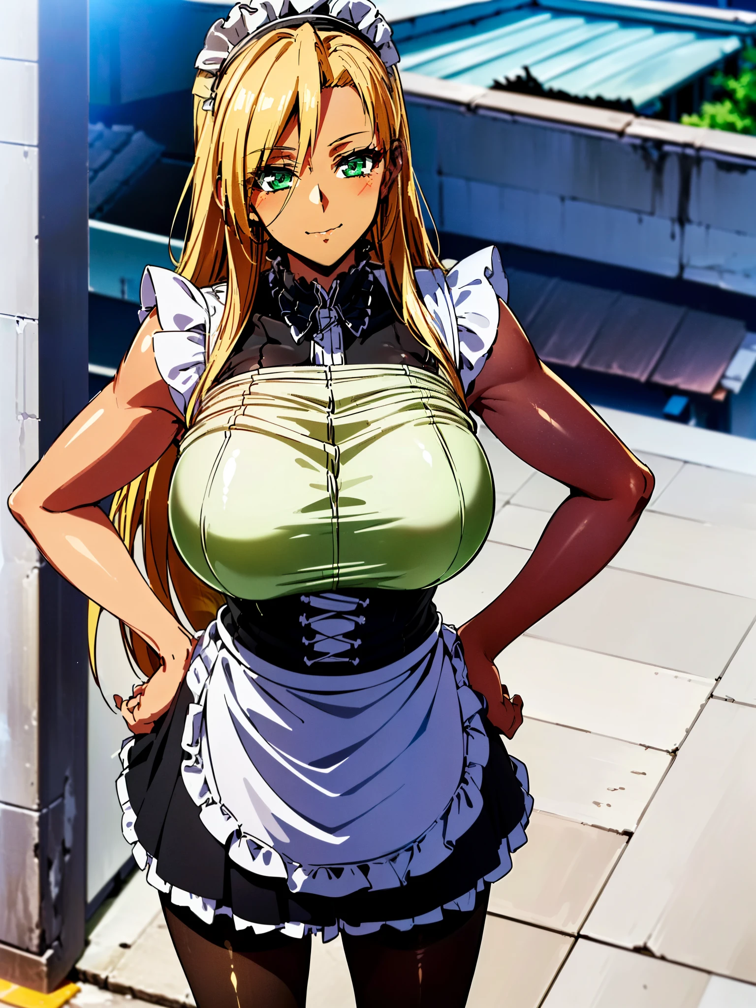 Anime girl in maid outfit standing on sidewalk with hand on hips - SeaArt AI