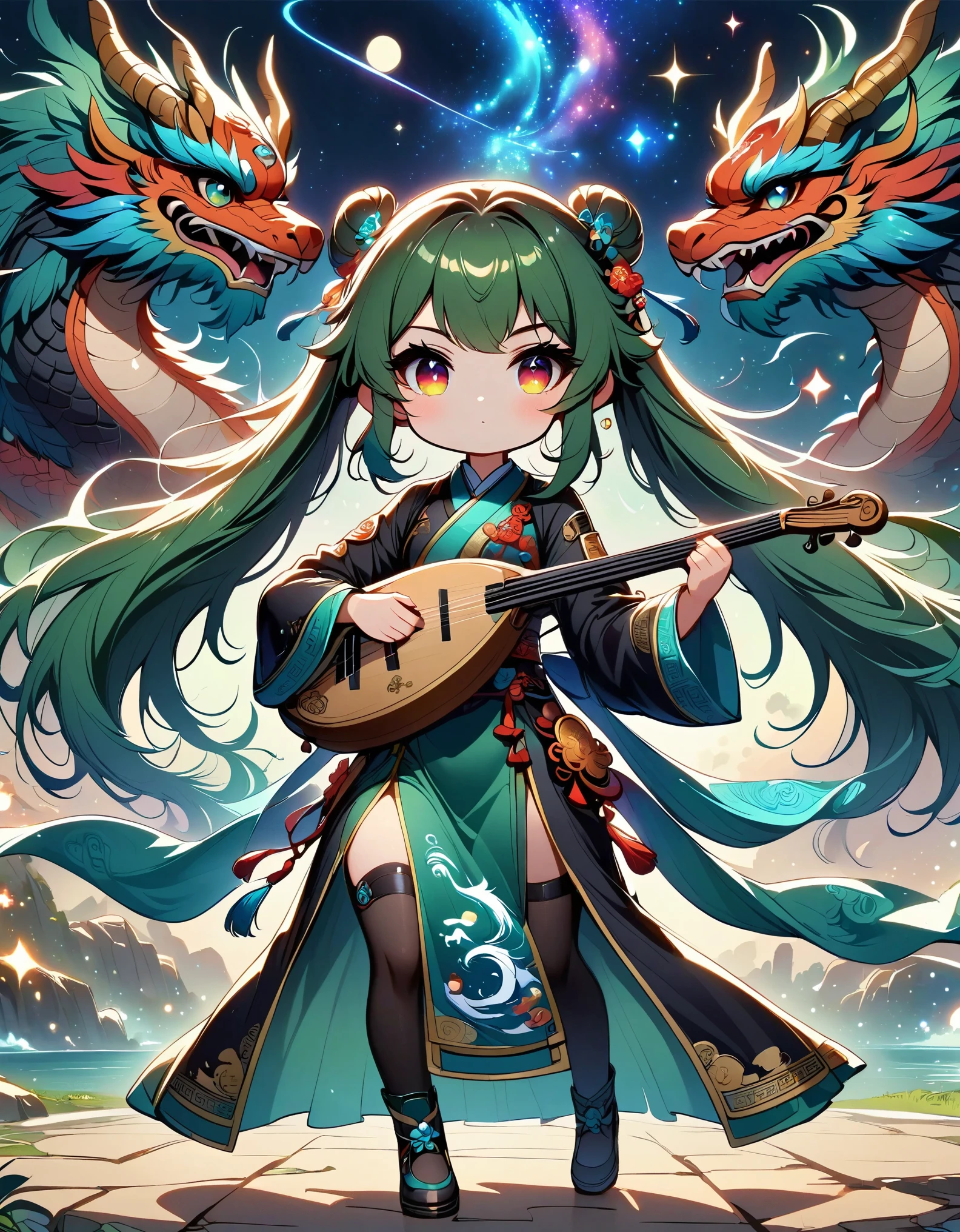 1 Hatsune last person 。 The digital singing industry is known for its unique voice and signature green hair..,Electronic lute，Double tail，green hair，Milky Way，glow，red chinese dragon