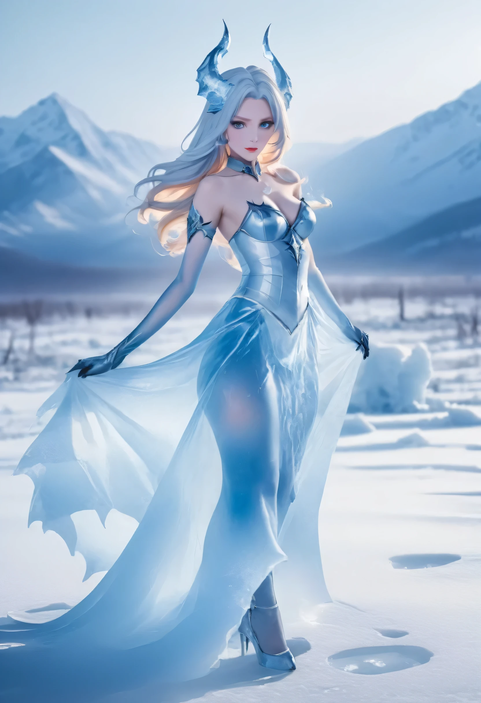 an ice female demon、Standing in the frozen snow field、Witch wearing pale armor, ((sexy costume:1)), SEXY female devil,