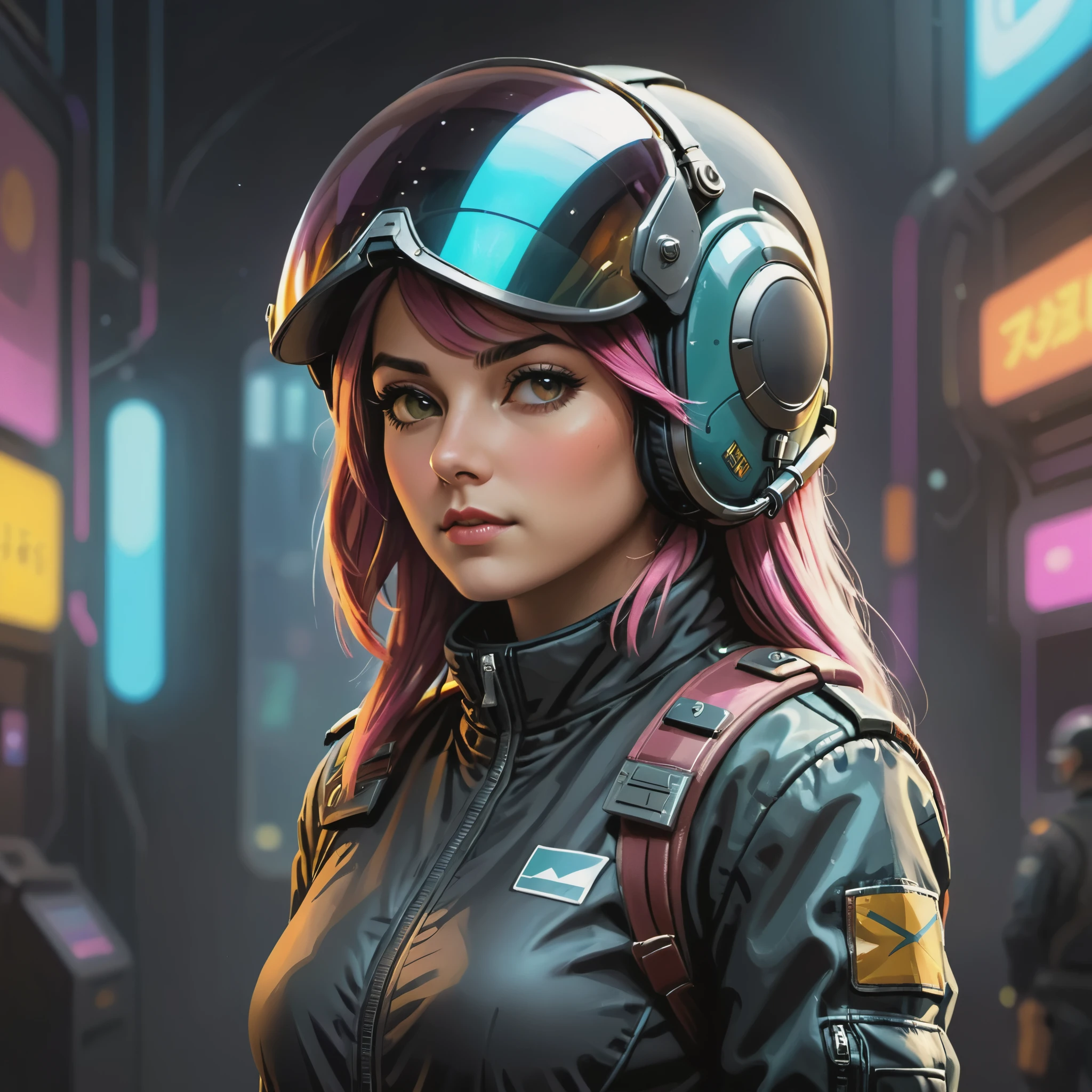 (masterpiece,best quality,Super detailed,ultra high resolution,Detailed background),((cyberpunk)),((flat color)),((rich and colorful)),(1 girl),pilot,pilot helmet,pilot jacket,looking at the audience,alone,Upper body,Colorful background,high contrast,Contrasting colors,Cowboy shooting,