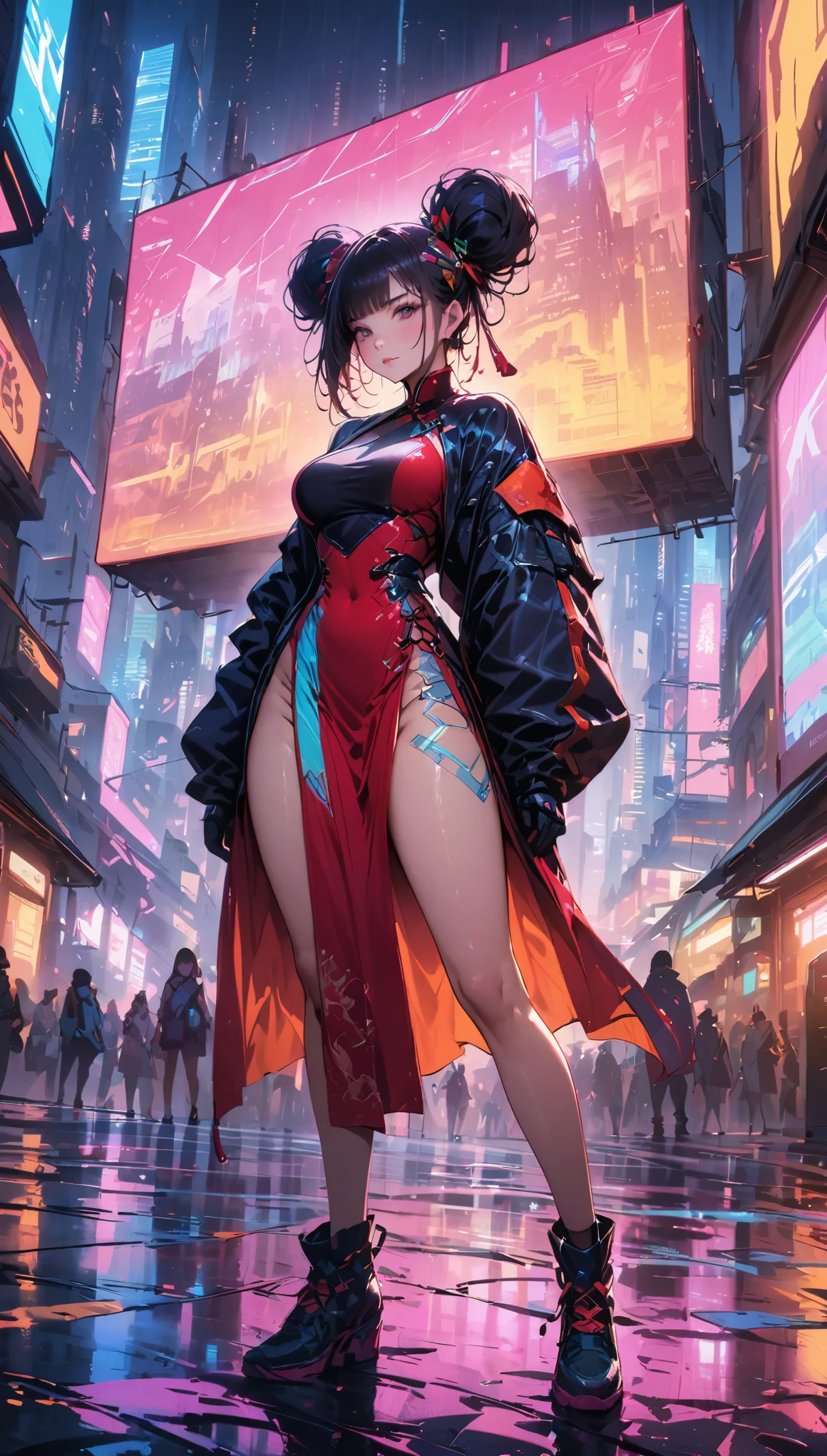 (best quality,4k,highres,masterpiece:1.2),ultra-detailed,(realistic:1.37), A girl Chinese costume cyberpunk, （cyberpunk，Chinese clothing，cybernetic implants），looking at camera,hair accessories, bright colors，neon lights，glowing city skyline，Fashion clothing and shoes of the future，A combination of traditional and modern elements，Avant-garde makeup，beautiful breasts，colored inner hair, gradient hair, double bun，confidence and determination，city environment，Metallic feeling，Mechanical armor, Gorgeous accessories，High-tech products，Impressive cybernetic enhancements，Clear focus，gnarly details, Overclocked rendering, Cinematic edge light, fine light, masterpiece, Super details, epic work, ultra high definition, high quality, 32k