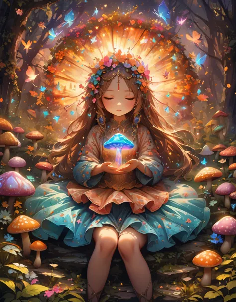 best quality,high resolution,masterpiece:1.2,Super detailed,actual,photoactual,psychedelic mushrooms,enchanted forest,Glowing Mushroom,dreamlike atmosphere,Floating spores,colorful vegetation,fairy lights,magical pattern,ethereal atmosphere,Whimsical fanta...