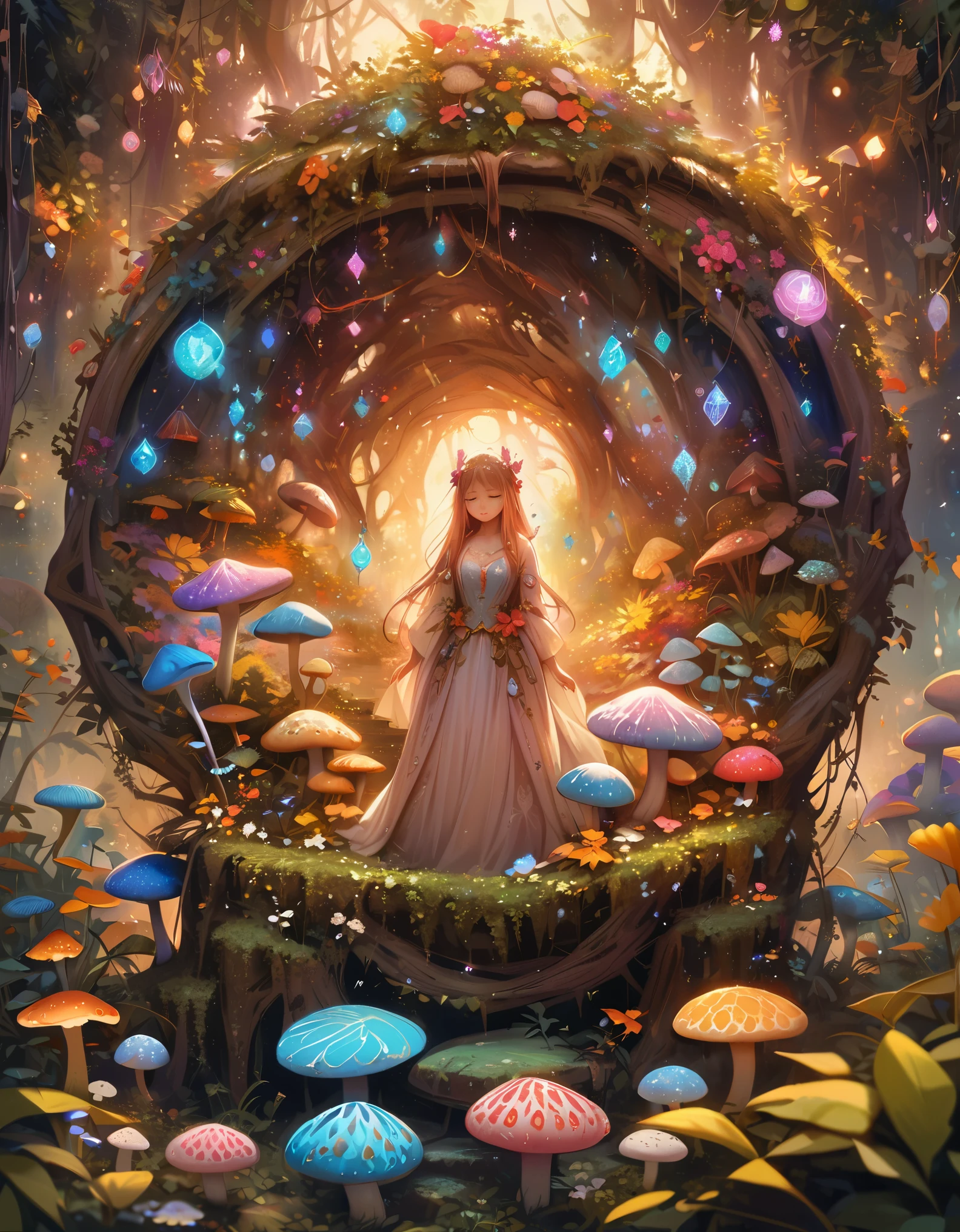 best quality,high resolution,masterpiece:1.2,Super detailed,actual,photoactual,psychedelic mushrooms,enchanted forest,Glowing Mushroom,dreamlike atmosphere,Floating spores,colorful vegetation,fairy lights,magical pattern,ethereal atmosphere,Whimsical fantasies,magical creatures,mysterious landscape,bright colors,Soft diffuse lighting,otherworldly beauty,Exquisite flora and fauna,mysterious light,unforgettably beautiful,transcend,peaceful atmosphere,mythology figure,Glowing leaves,magical light,Daydreaming,Serene and surreal,ethereal atmosphere,Whisper of magic,Engaging scenes,Hypnotic artwork,Sparkling portal,Mushroom wonderland,Magic lighting