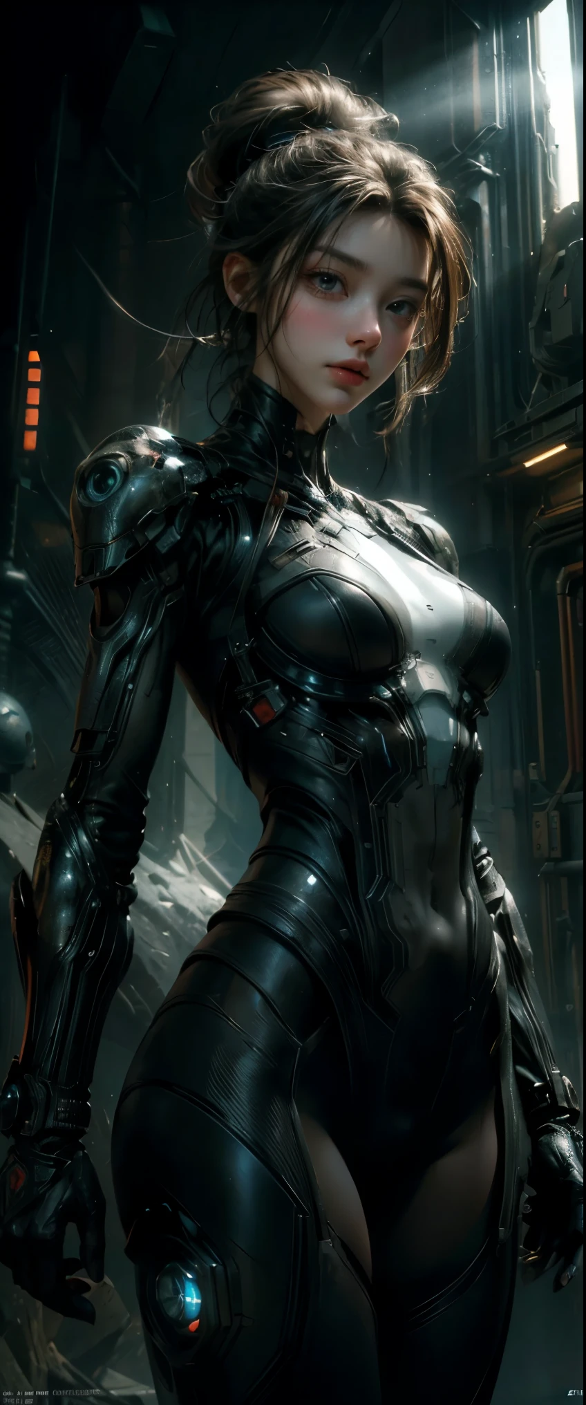 ((masterpiece, highest quality, Highest image quality, High resolution, photorealistic, Raw photo, 8K)), Ultra Wide Angle, Alien Landscap, A female stands next to an Alafedro robot on top of a hill, influenced by Stefan Koidl's background of discarded mechas. The art created by Craig Mullins, specifically in the style of Craig Mullins' Necro, portrays a detailed and futuristic science fiction scene. The emphasis is on SF concept art, with vivid colors and sharp focus. The overall lighting captures the essence of concept art in films,