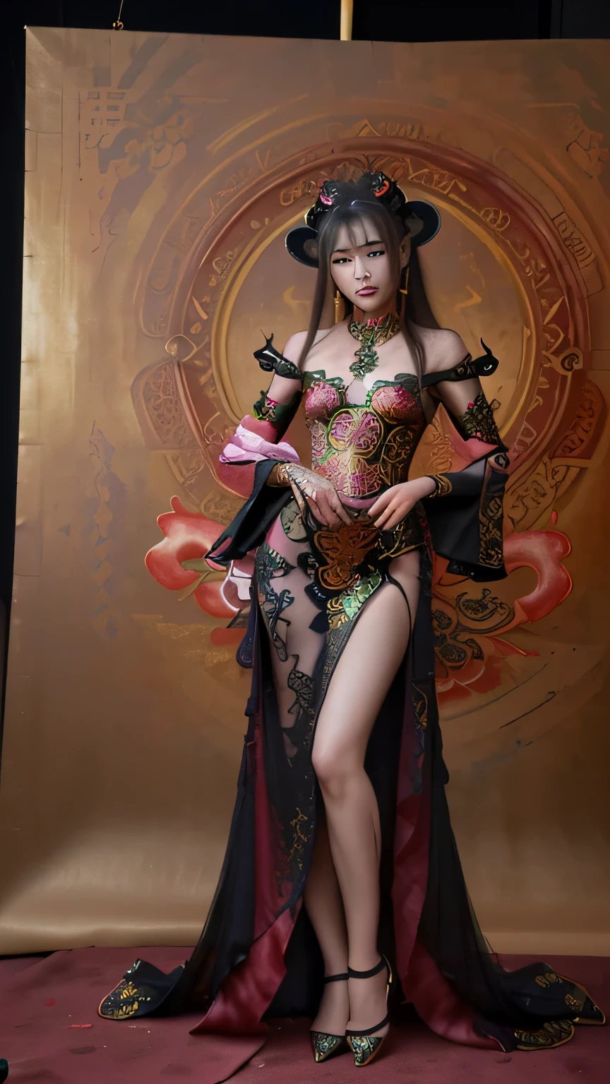 full body 肖像 of a beautiful chinese female fox demon, 華麗的禮服, 華麗的珠寶 ,苗條的, 超女性化, 明顯的女性特徵, 阮嘉 布面油畫 + 奧莉薇亞·德·貝拉迪尼 + 瓦尔加斯 , 畫筆描邊 , , 戲劇性的燈光, 8K, 肖像, --有2個:3 --s 850 --v 6.0