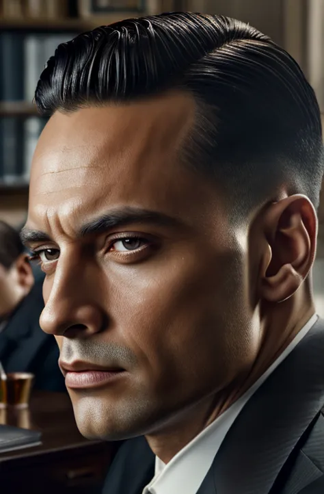 beautiful oil matte portrait painting, mafia boss at his 30s new york office desk, wonderful masterpiece highly detailed, beauti...