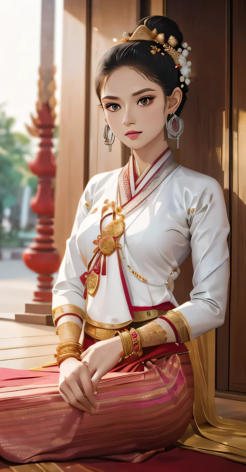 obra de arte, 1 garota melhor,olhando para o público,ar livre, Mapa do templo,corpo todo,sedução,limpar,rosto requintado,rosto puro, olhos lindos e cativantes, lábios rosados, pele clara,pose sexy,((Traje tradicional de Lanna do norte da Tailândia)), ((Traje tradicional de Keng Tong Tai Khun)),((Vestido Shan)), vestido muito elegante, roupa tradicional luxuosa e detalhada de Tai Khun, parte superior em ouro branco e parte inferior com padrão de listras douradas vermelhas e verdes,coque bagunçado de cabelo comprido com flor, (((usando muitas pulseiras de prata, brincos de ouro))),((figura feminina perfeita)),pessoa real, top cropped