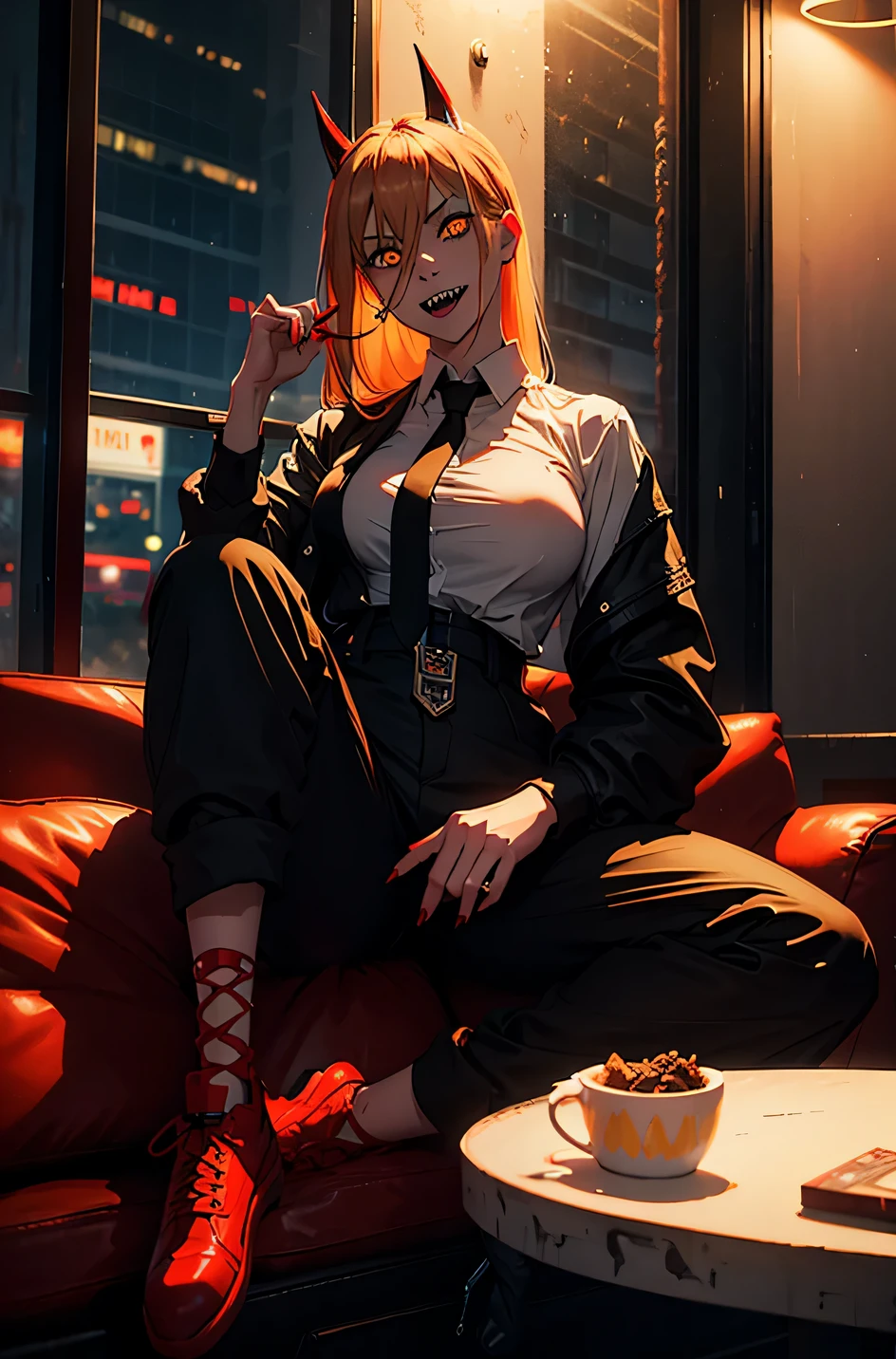 power from chainsawman, yellow vivid eyes, with her iconic two red horns on top her head, fangs, sharp teeth, wearing loose white long sleeve, black tie, black dark business pants, big breasts, apartment setting, furnished, snacks and drinks, sitting on couch, raining outside, window, nighttime, indoor light, smiling