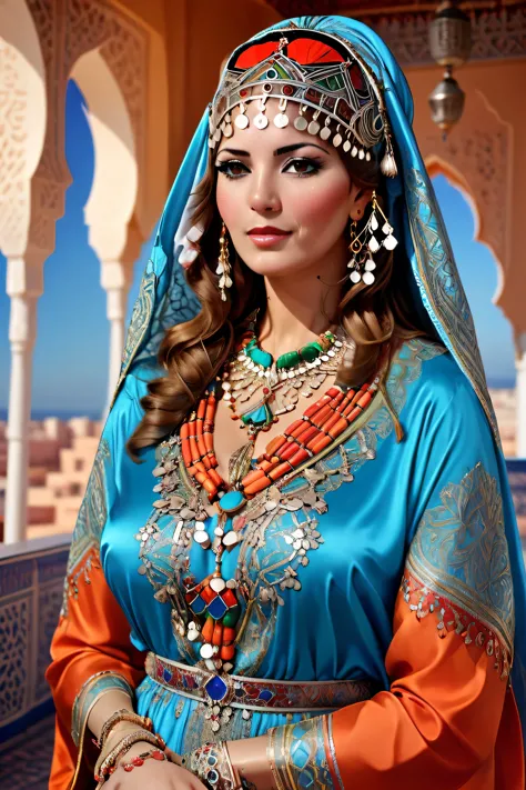 long shot scenic professional photograph of (art by Deborah Azzopardi) pretty woman,  jewelry, Moroccan Caftan,  TazerzitXL, isn...