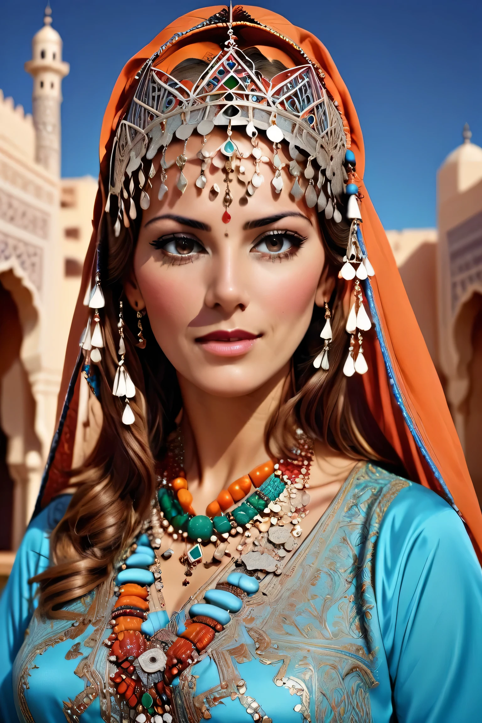 ロングショットの風景写真 (アート：デボラ・アゾパルディ) きれいな女性,  ジュエリー, モロッコのカフタン,  タゼルジットXL, イスニ, 頭飾り, モロッコパターンの背景., 完璧な視点, 非常に詳細な, 広角レンズ, 超リアル, ドラマチックな空, 偏光フィルター, 自然光, 鮮やかな色彩, すべてが鮮明に映る, 高解像度, 超高解像度, け