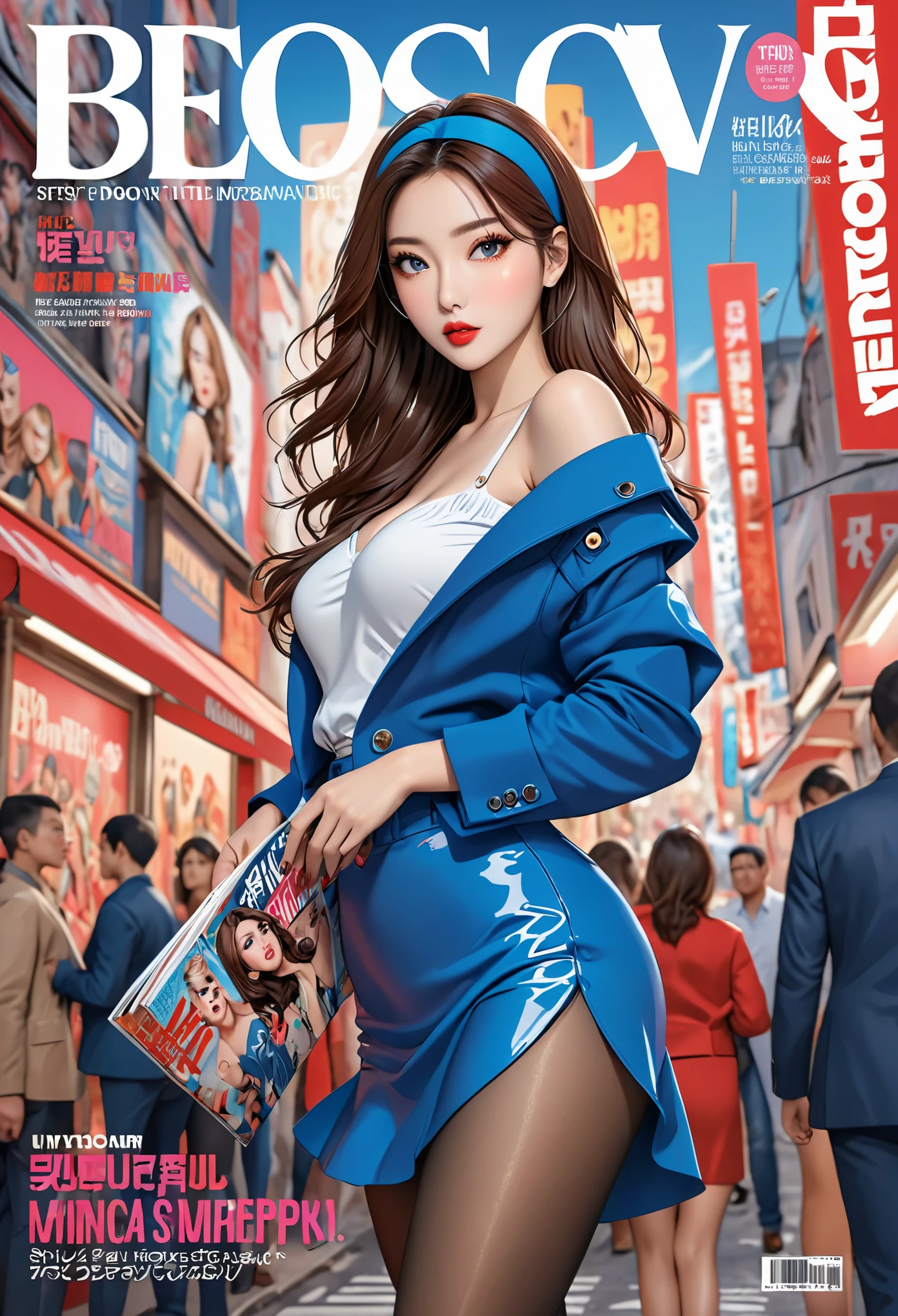 K-Comic Style,(8k, best quality, masterpiece), ultra-detailed, (high detailed skin),glossy skin, contrapposto, female focus, model, (hot:0.7), sexy, fine fabric emphasis, wall paper, crowds, fashion, Lipstick, depth of field, street, in public, Magazine cover, (title), (Magazine cover-style illustration of a fashionable woman), posing in front of a colorful and dynamic background. (The text on the cover should be bold and attention-grabbing, with the title of the magazine and a catchy headline),(hutaosl:1.2), blue jacket, blue skirt, white shirt,Black pantyhose, eyewear hang, red eyes,(long brown hair:1.1), blue hairband, off shoulder, open jacket, (good hands, nice hands:0.5),(beautiful_face), ((intricate_detail)),((finely_detailed)), fine_fabric_emphasis,((glossy)),