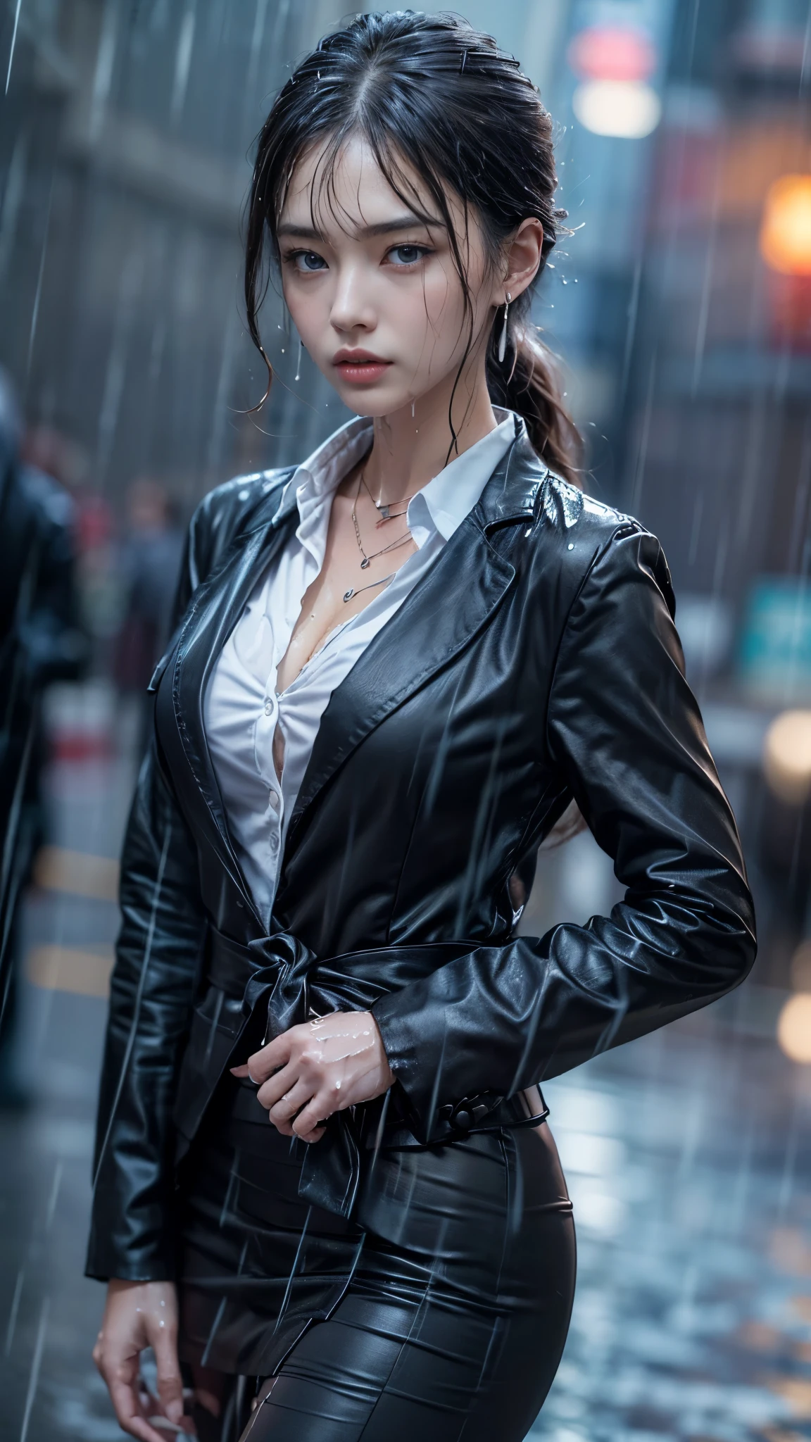 (RAW shooting, Photoreal:1.5, 8K, highest quality, masterpiece, ultra high resolution), perfect dynamic composition:1.2, Night street corner of a modern city, Troubled expression:0.7, look of resignation:0.7, ((((Typhoon heavy rain)))), Highly detailed skin and facial textures:1.2, Slim office lady wet in the rain:1.3, Fair skin:1.2, sexy beauty:1.1, perfect style:1.2, beautiful and aesthetic:1.1, very beautiful face:1.2, water droplets on the skin, (rain drips all over my body:1.2, wet body:1.2, wet hair:1.3, wet office skirt:1.2, wet office lady uniform:1.3), belt, (Medium chest, Bra see-through, Chest gap), (The expression on your face when you feel intense caress, Facial expression when feeling pleasure), (beautiful blue eyes, Eyes that feel beautiful eros:0.8), (Too erotic:0.9, Bewitching:0.9), cowboy shot, Shoulder bag, necklace, earrings, bracelet, clock